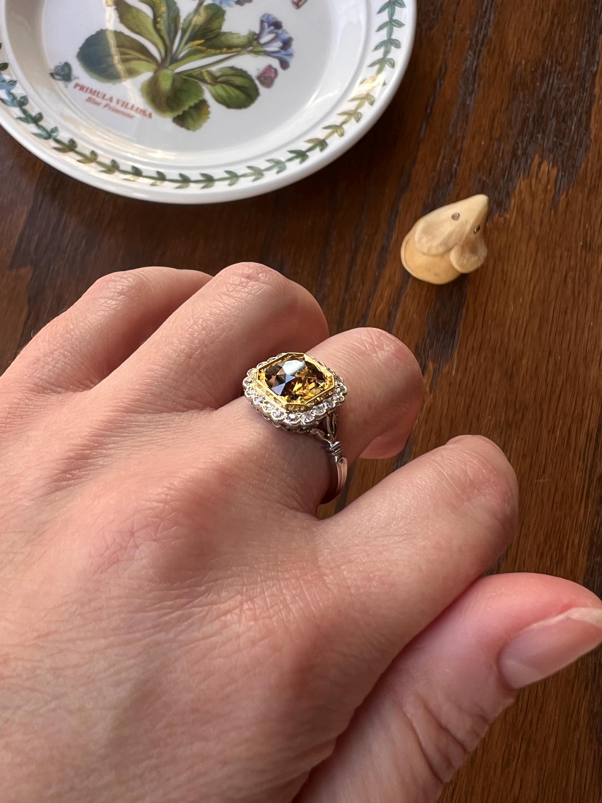 Edwardian 2.3 Carat Tdw Antique Fancy BROWN Yellow Old European Cut DIAMOND Halo Ring Platinum 18k Gold Ornate Stacker Scalloped Cognac OeC