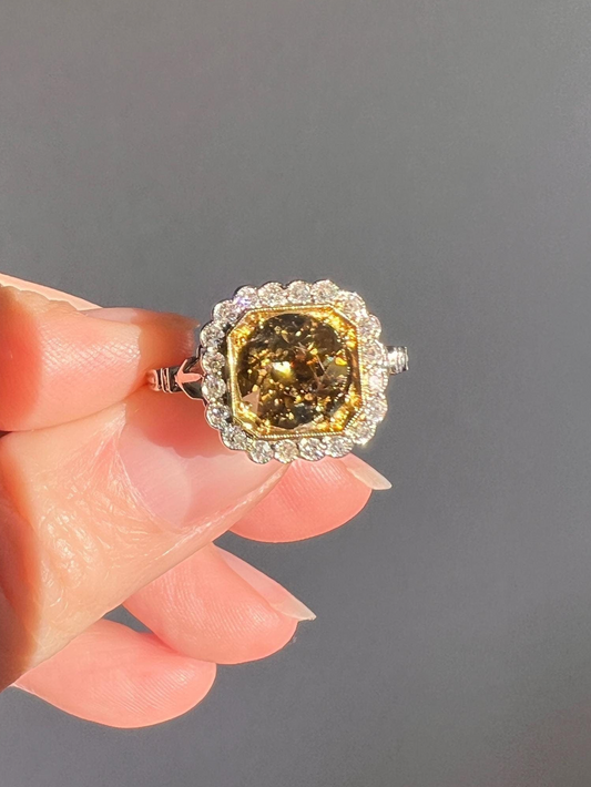 Edwardian 2.3 Carat Tdw Antique Fancy BROWN Yellow Old European Cut DIAMOND Halo Ring Platinum 18k Gold