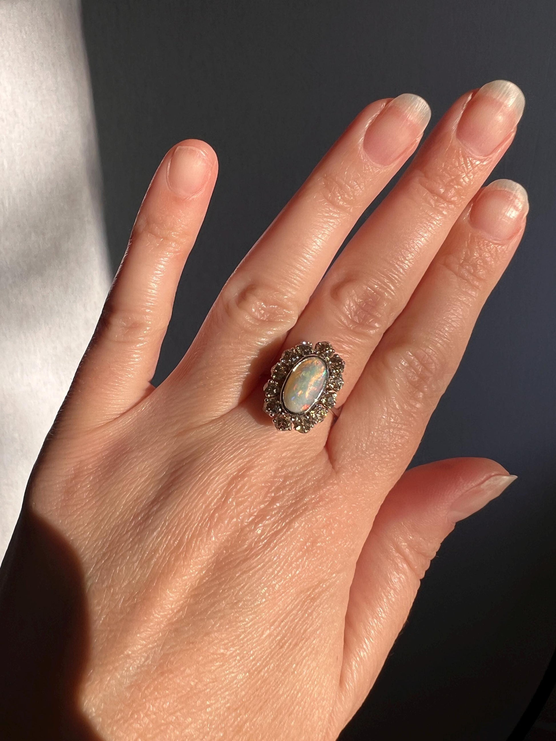 TALL Blue OPAL 1.5 Carat Champagne Old Mine Cut DIAMOND Halo Vintage Ring Platinum 18k Gold Light Brown Antique 1.5Ct OmC Retro Stacker Gift