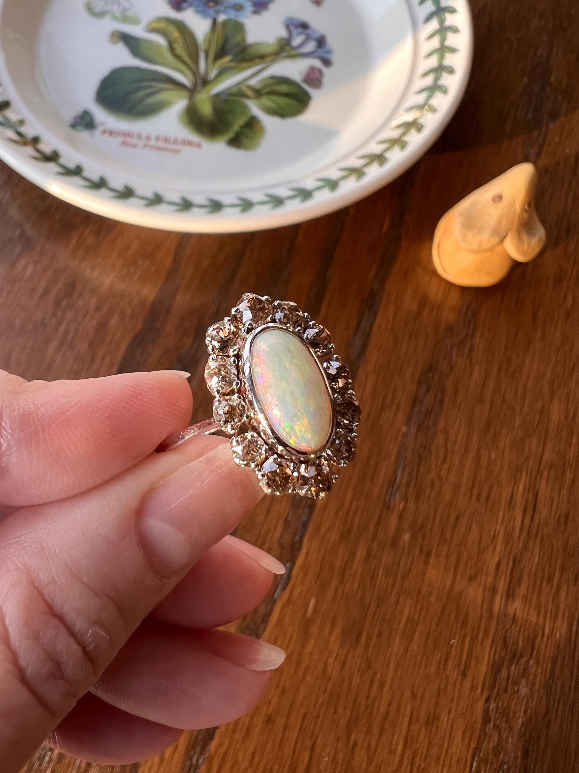 TALL Blue OPAL 1.5 Carat Champagne Old Mine Cut DIAMOND Halo Vintage Ring Platinum 18k Gold Light Brown Antique 1.5Ct OmC Retro Stacker Gift
