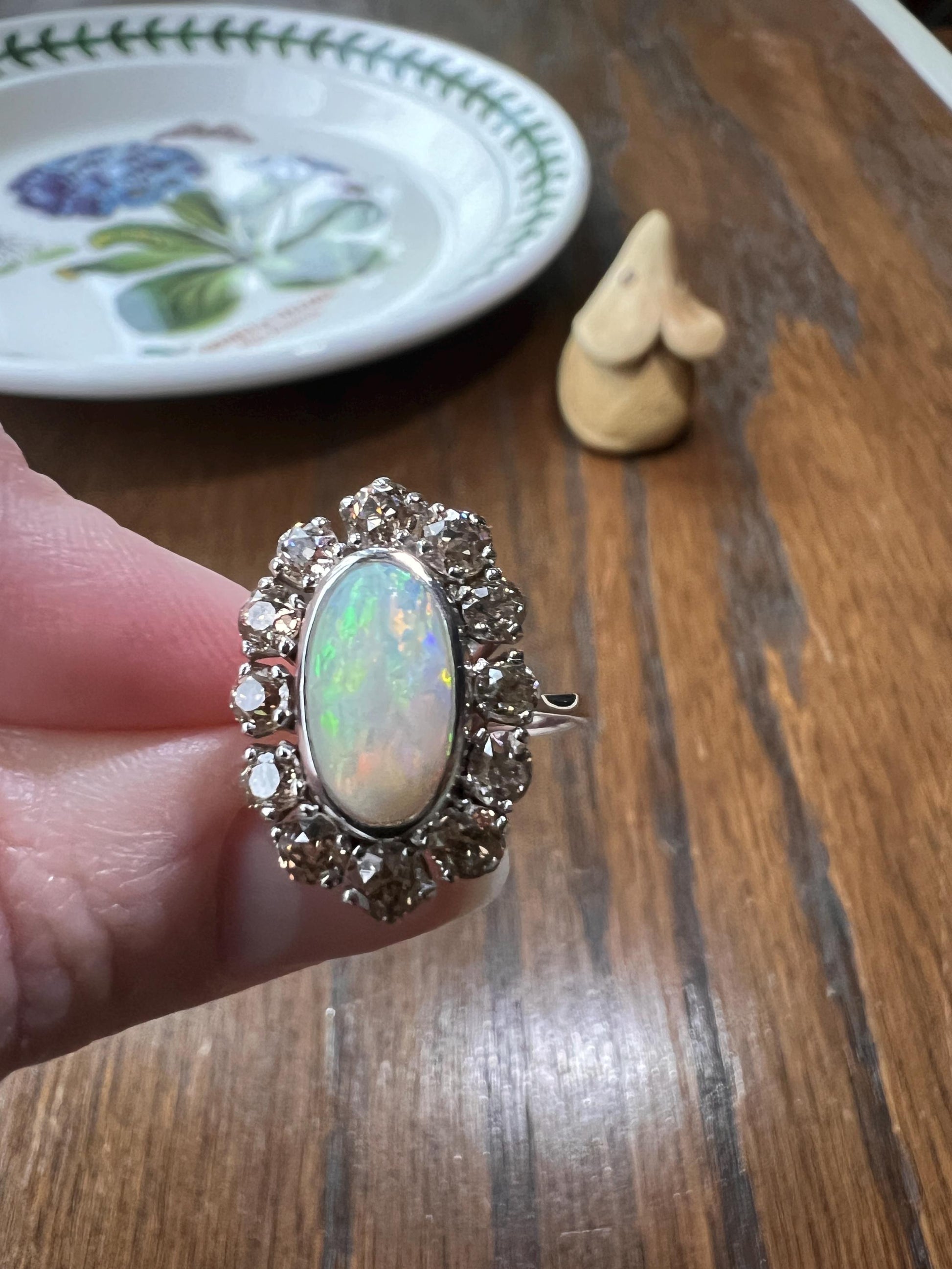 TALL Blue OPAL 1.5 Carat Champagne Old Mine Cut DIAMOND Halo Vintage Ring Platinum 18k Gold Light Brown Antique 1.5Ct OmC Retro Stacker Gift