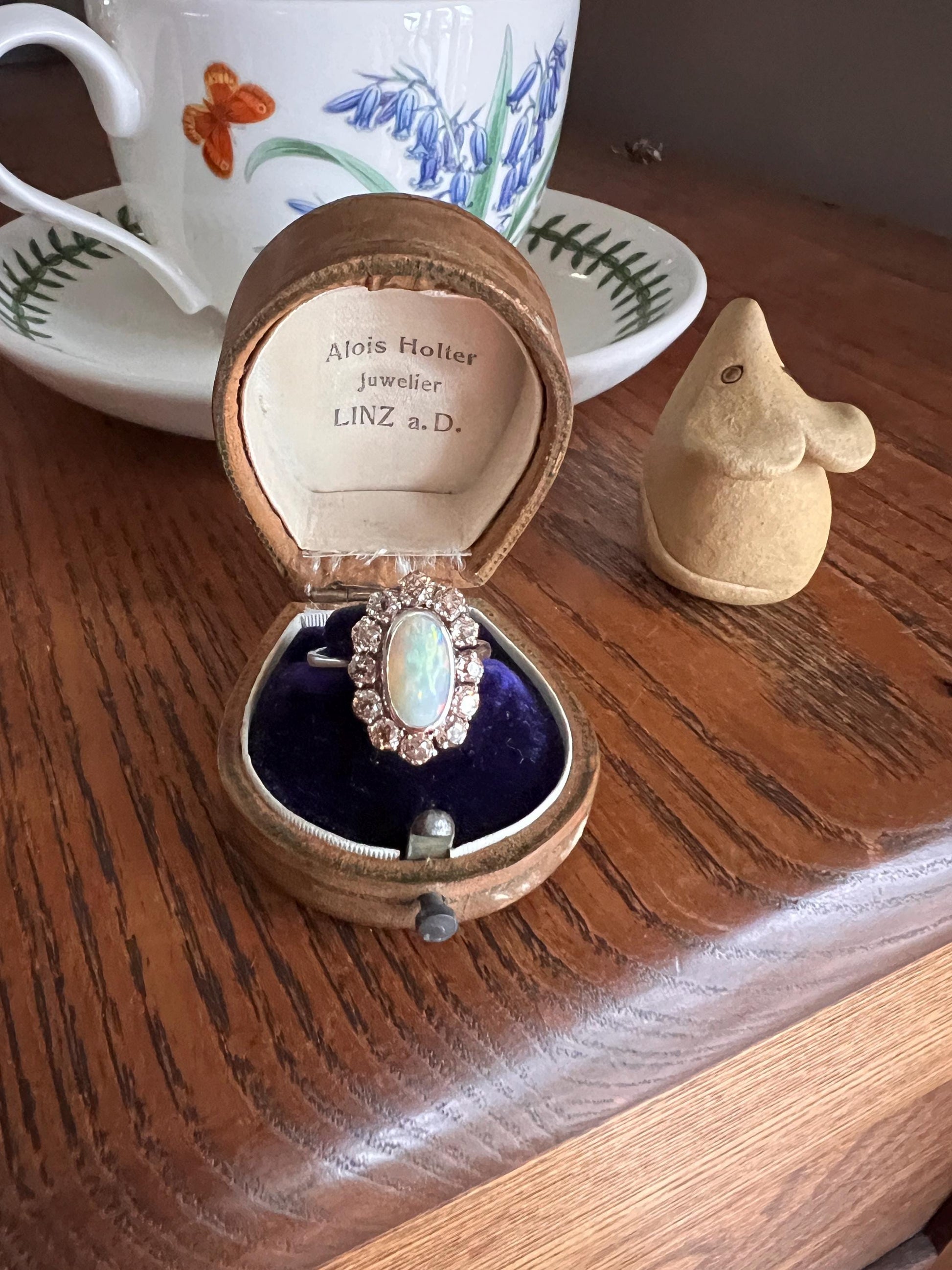 TALL Blue OPAL 1.5 Carat Champagne Old Mine Cut DIAMOND Halo Vintage Ring Platinum 18k Gold Light Brown Antique 1.5Ct OmC Retro Stacker Gift