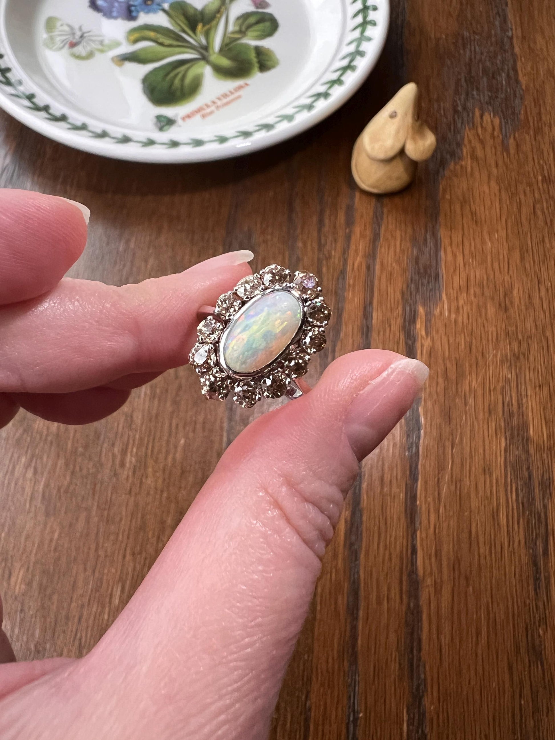 TALL Blue OPAL 1.5 Carat Champagne Old Mine Cut DIAMOND Halo Vintage Ring Platinum 18k Gold Light Brown Antique 1.5Ct OmC Retro Stacker Gift