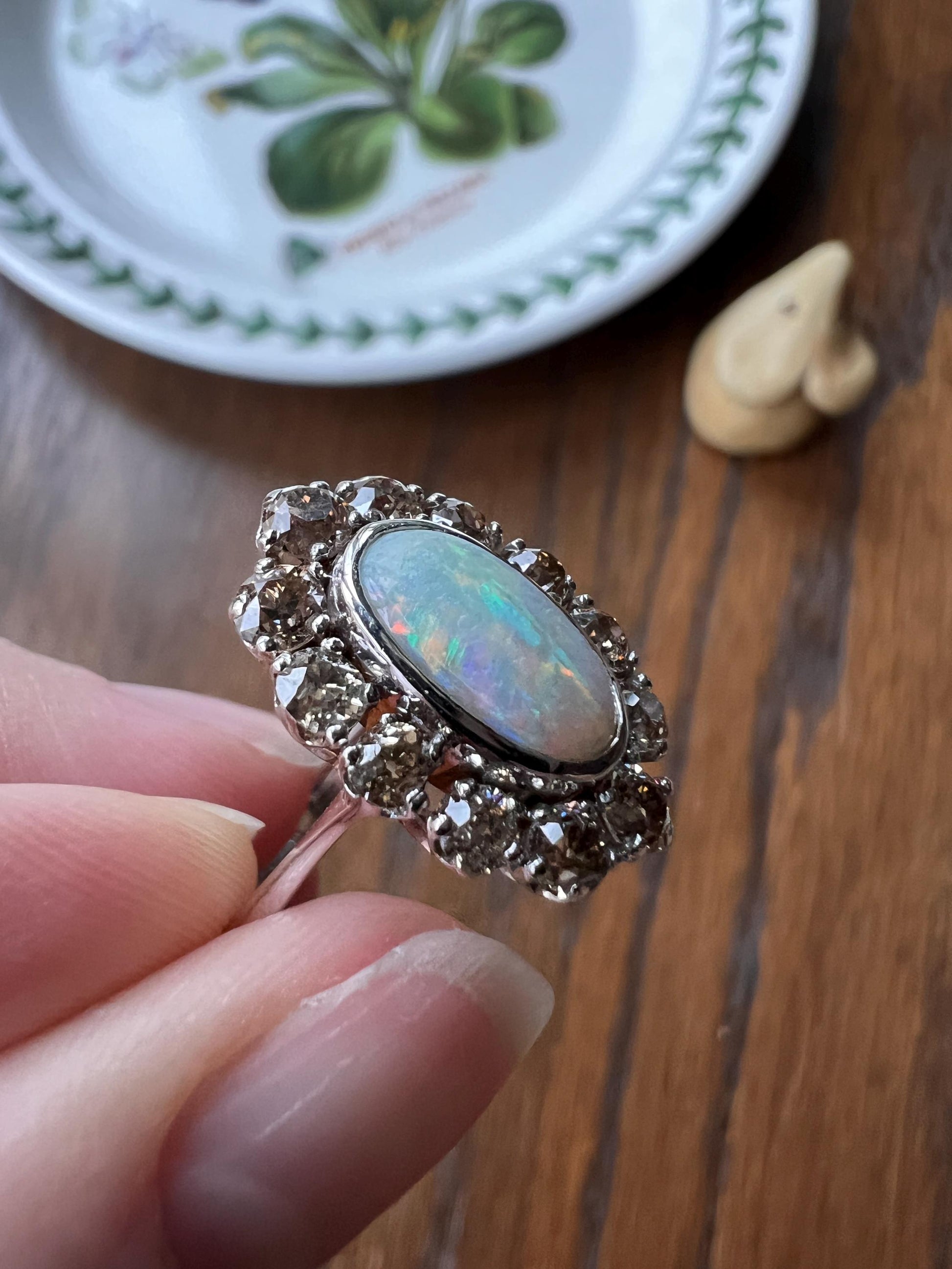 TALL Blue OPAL 1.5 Carat Champagne Old Mine Cut DIAMOND Halo Vintage Ring Platinum 18k Gold Light Brown Antique 1.5Ct OmC Retro Stacker Gift