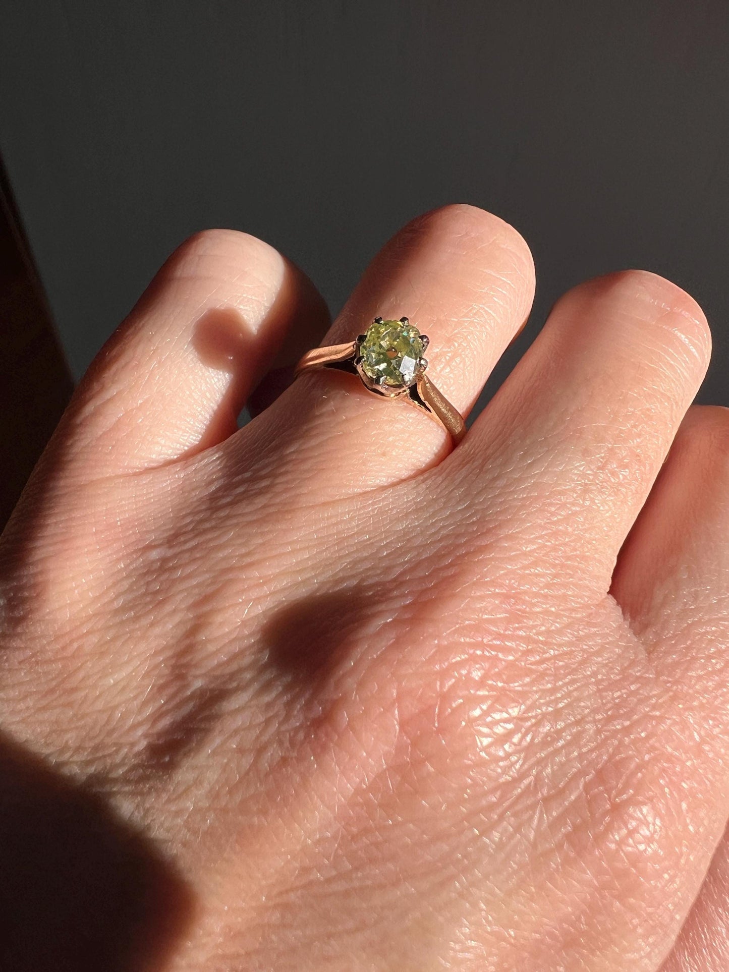 Antique .6 Carat Fancy Green YELLOW Old Mine Cut DIAMOND Ring 14k Gold Platinum Engagement Solitaire .6Ctw OmC Minimalist Stacker Gift