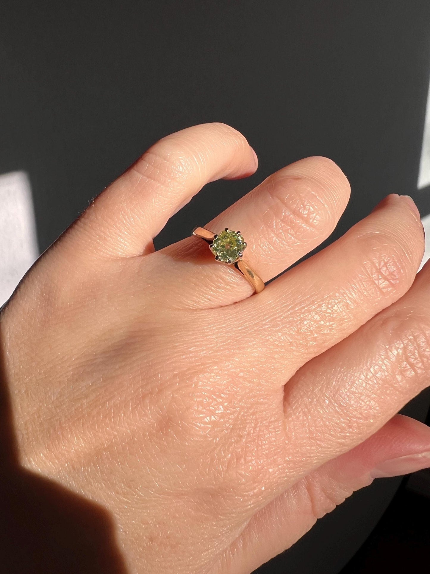 Antique .6 Carat Fancy Green YELLOW Old Mine Cut DIAMOND Ring 14k Gold Platinum Engagement Solitaire .6Ctw OmC Minimalist Stacker Gift