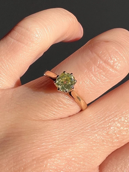 Antique .6 Carat Fancy Green YELLOW Old Mine Cut DIAMOND Ring 14k Gold Platinum Engagement Solitaire .6Ctw OmC