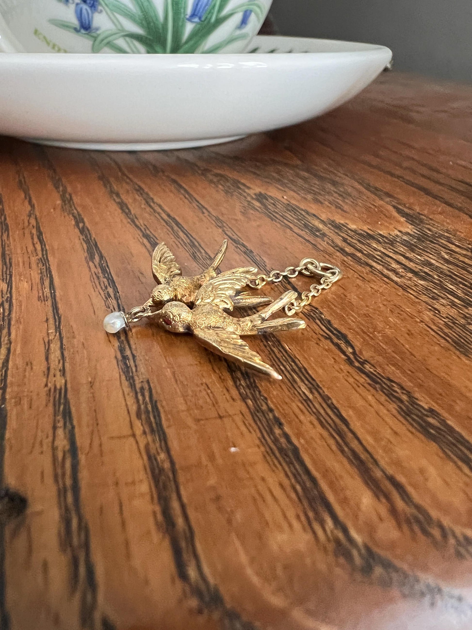 Two BIRD Swallows French Antique 18k Gold Victorian Art Nouveau Pendant Pearl Dangle Ruby Eyes Figural Animal Jewelry Romantic Gift Unique