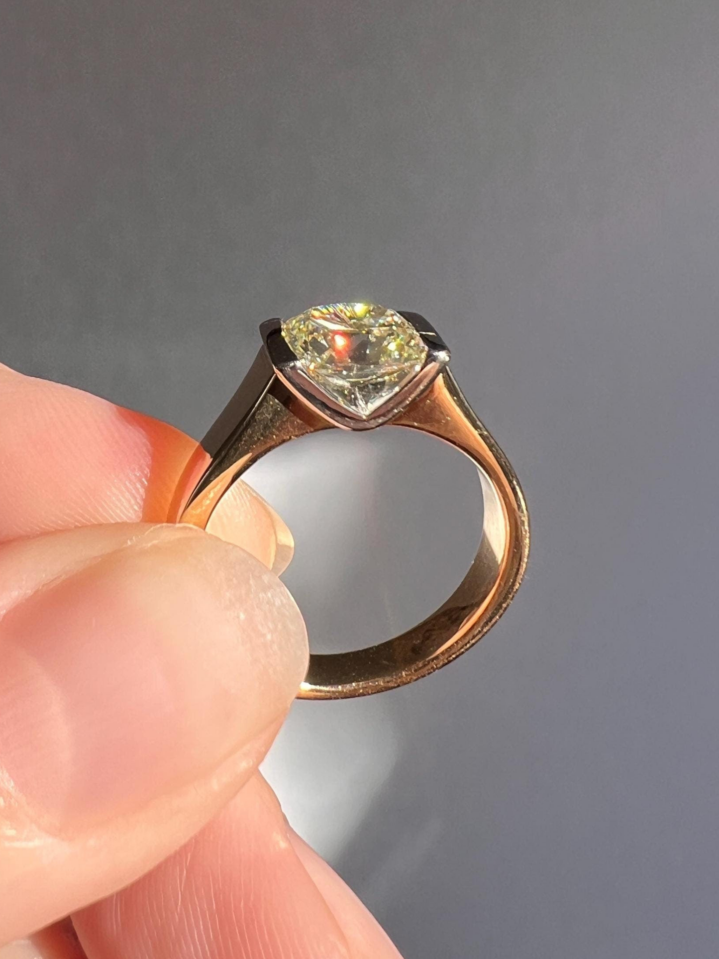 Pale Yellow VVS Eye Clean 1.18 Carat Cushion Cut DIAMOND Ring w/ CERT. French Vintage Solitaire 18k Gold Tension Bezel Engagement