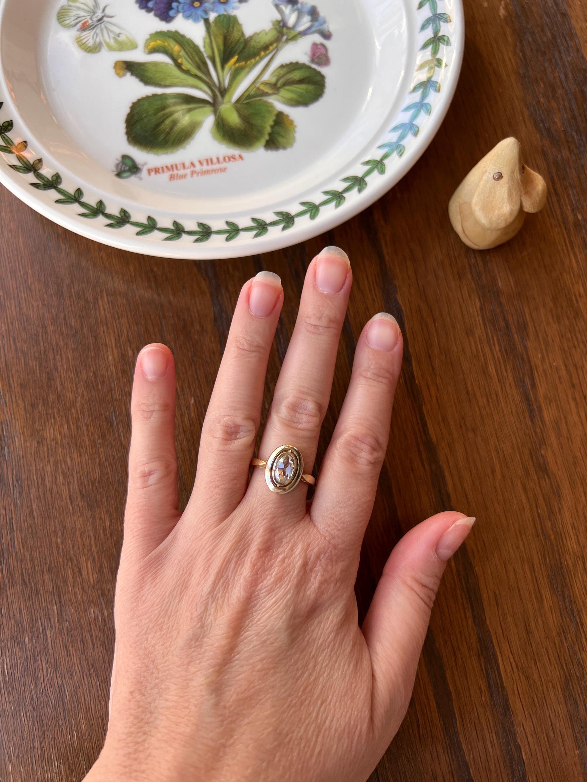 ANTIQUE Oval Rose Cut DIAMOND Open Backed Halo Ring 18k Gold Illusion Solitaire Stacker Disco Ball Romantic Gift Sparkle Unique Geometric