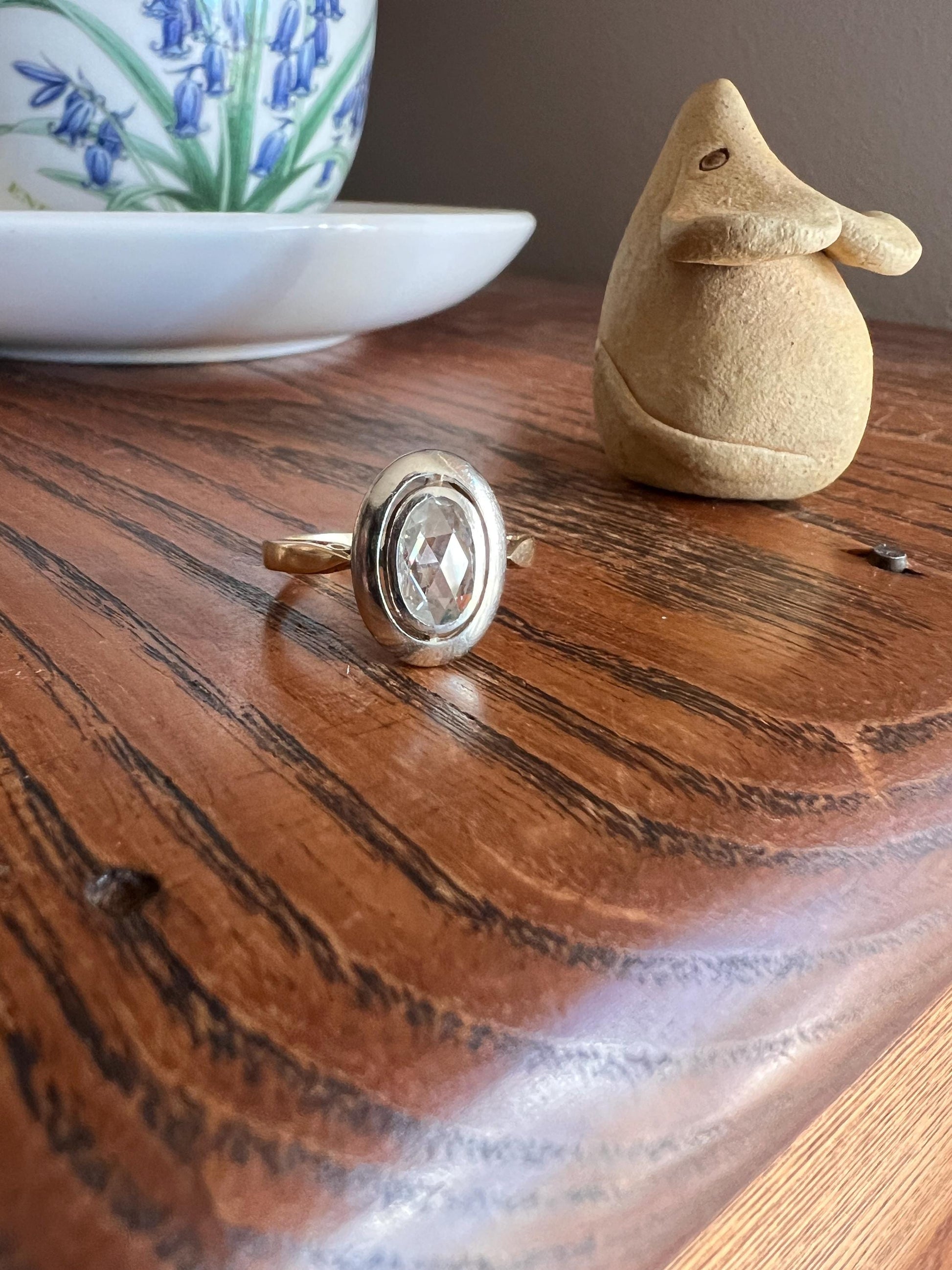 ANTIQUE Oval Rose Cut DIAMOND Open Backed Halo Ring 18k Gold Illusion Solitaire Stacker Disco Ball Romantic Gift Sparkle Unique Geometric