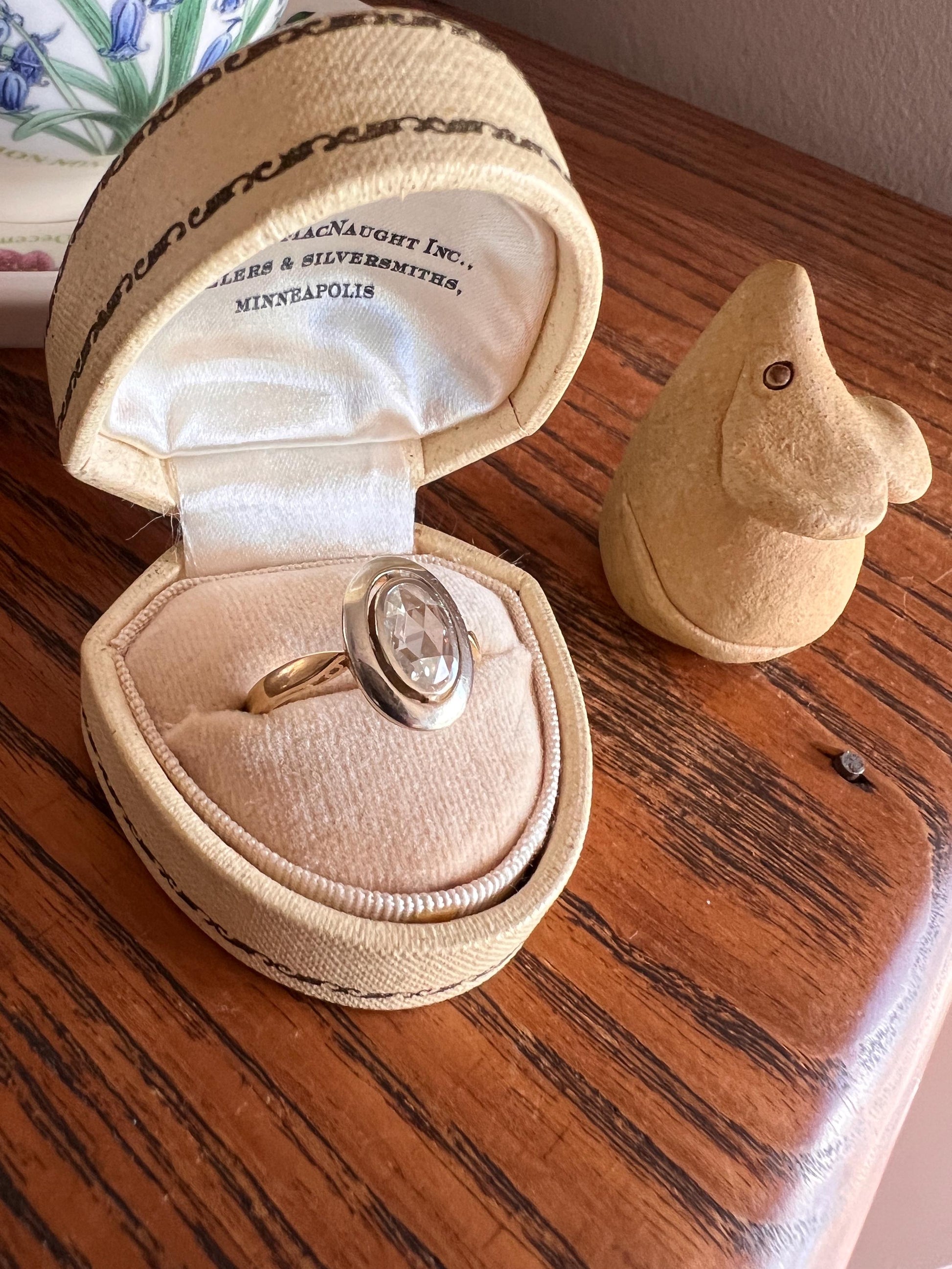 ANTIQUE Oval Rose Cut DIAMOND Open Backed Halo Ring 18k Gold Illusion Solitaire Stacker Disco Ball Romantic Gift Sparkle Unique Geometric