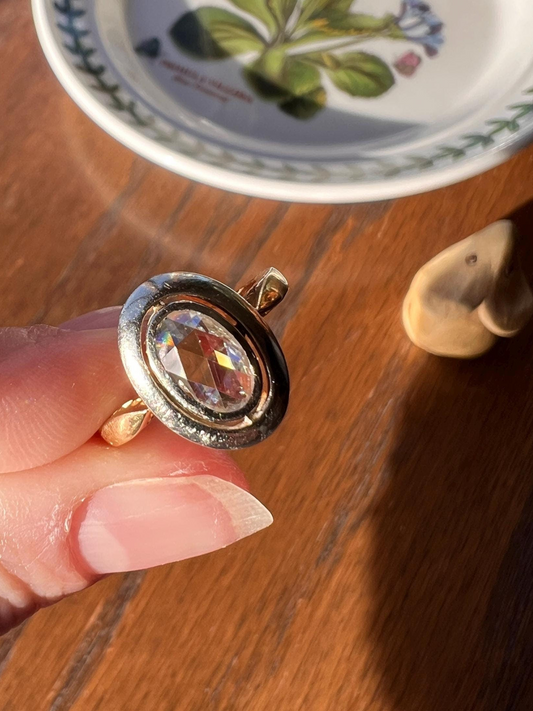 ANTIQUE Oval Rose Cut DIAMOND Open Backed Halo Ring 18k Gold Illusion Solitaire Stacker Disco Ball Romantic Gift Sparkle Unique Geometric