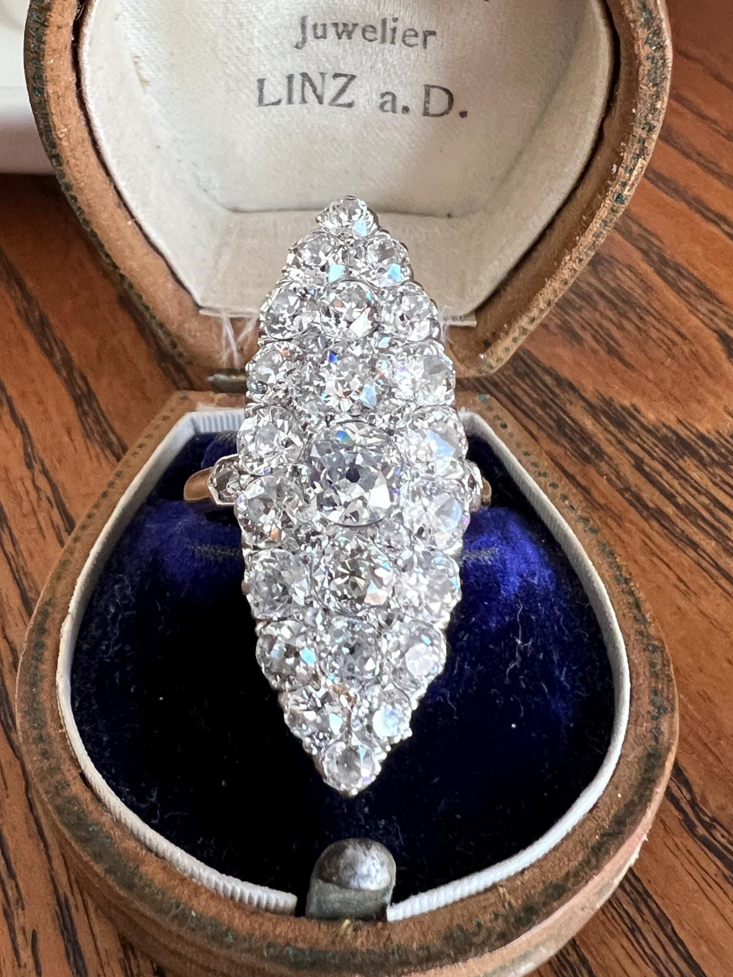 ANTIQUE 5.5 Carat 33 Old Mine Cut DIAMOND Navette XL Cluster Ring 18k Gold Platinum French Belle Epoque