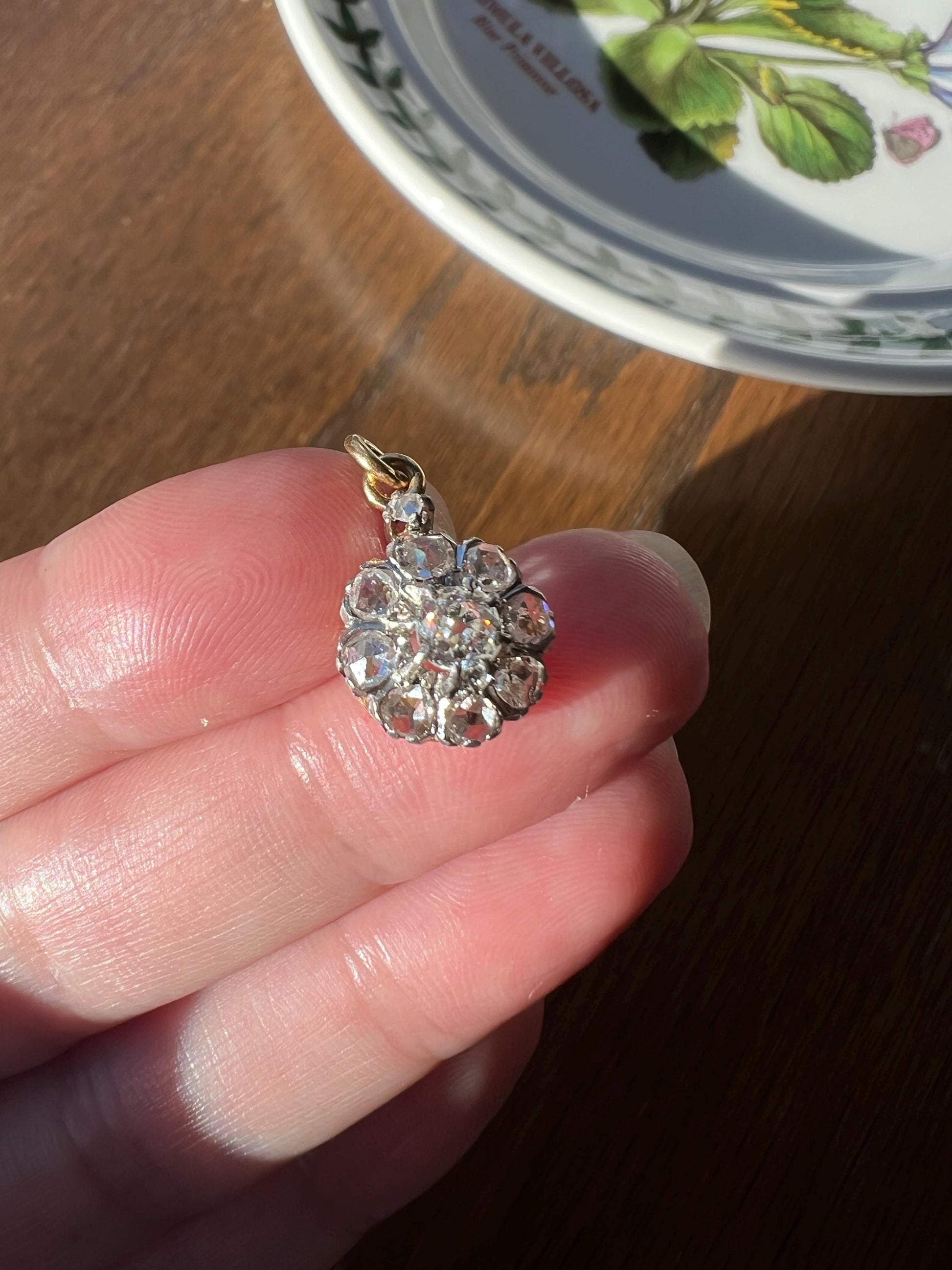 Antique 10 Rose & Old Mine Cut DIAMOND Daisy Cluster PENDANT 1 Carat French 18k Gold Halo Victorian Gift Belle Epoque Bridal Something Old