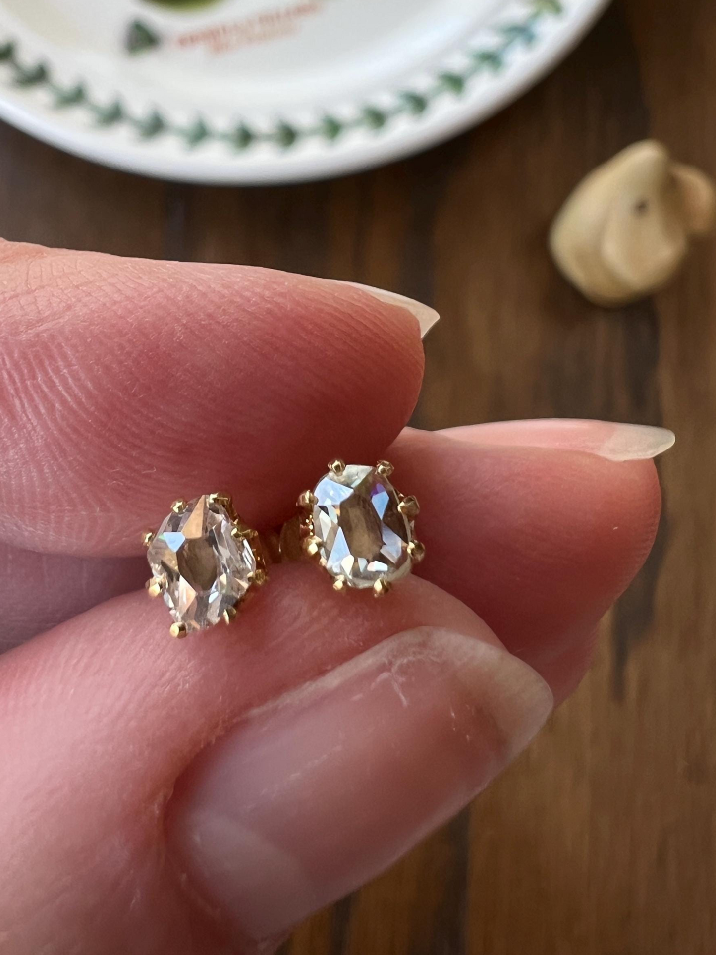 UNIQUE Custom Antique Elongated Old Mine Rose Cut DIAMONDS 18k Gold Screw Back Stud EARRINGS