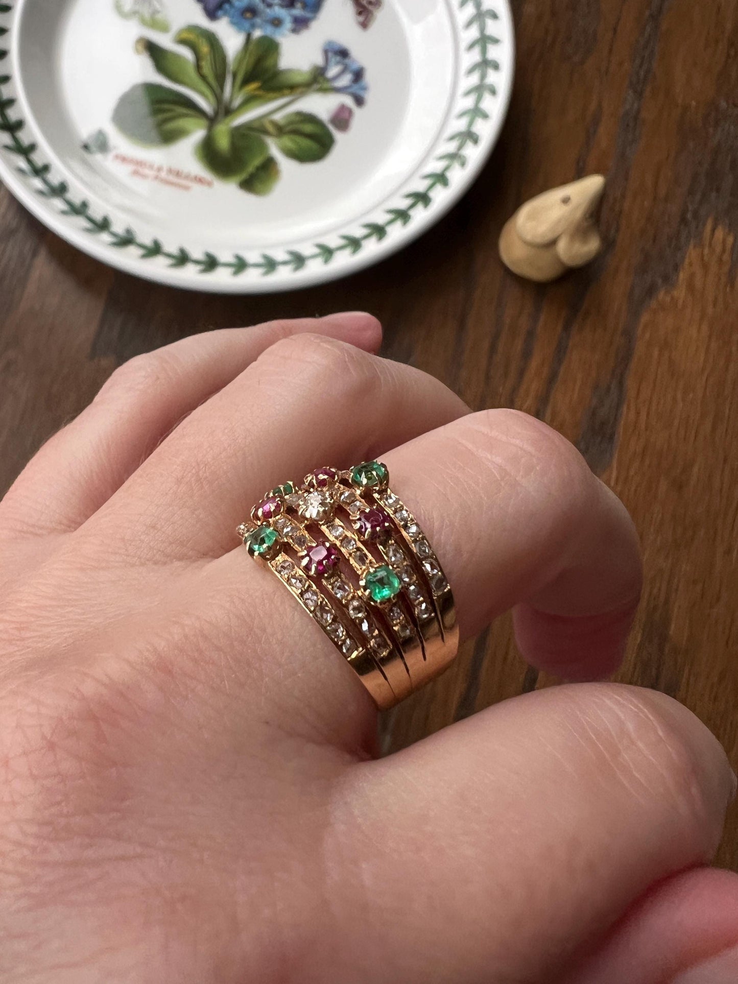 Antique Rose & Old Mine Cut Diamond Old Cut Natural RUBY Emerald Multi Band Ring Unique Harem Victorian French 18k Gold Green Pink Stacker