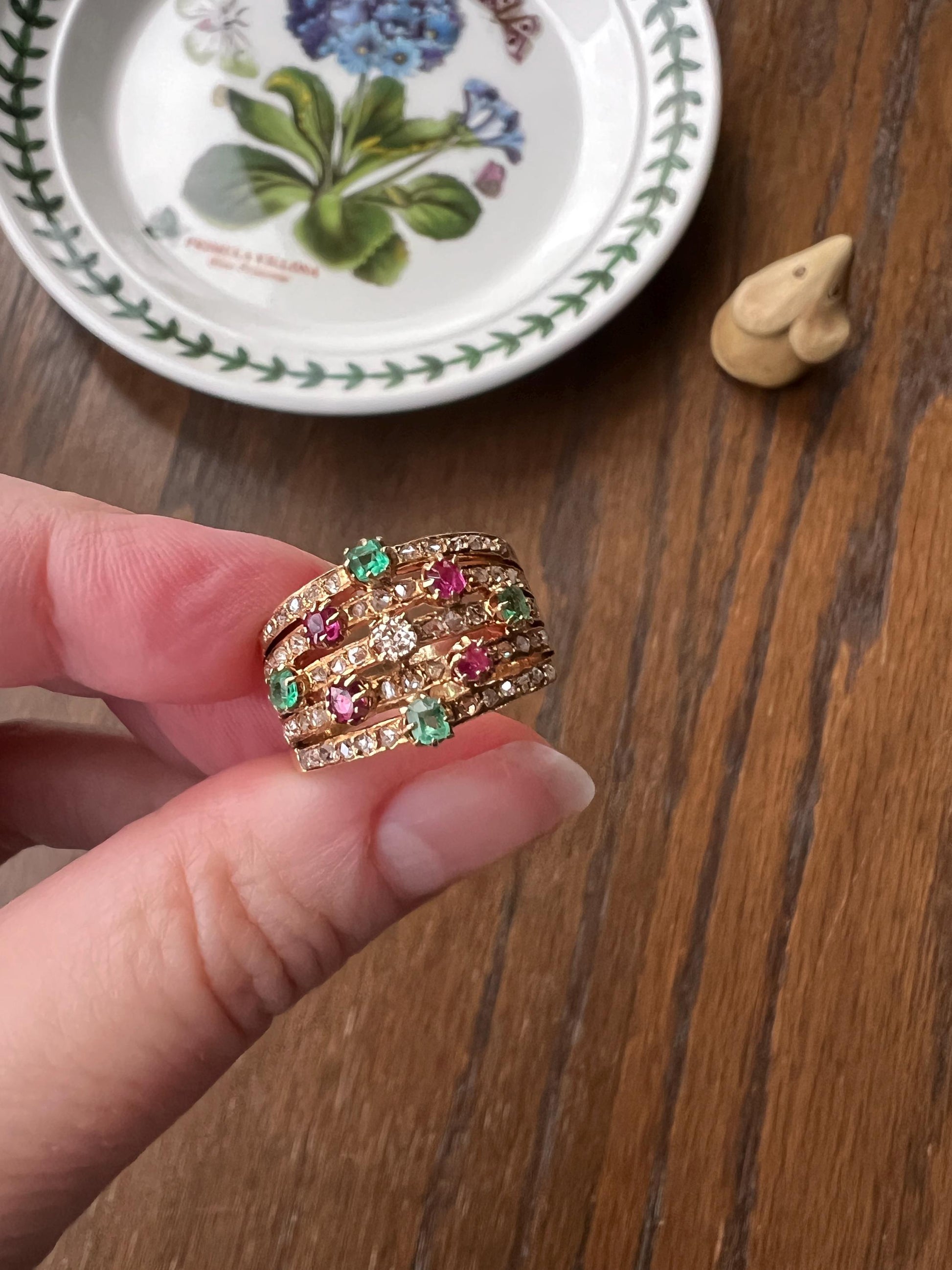 Antique Rose & Old Mine Cut Diamond Old Cut Natural RUBY Emerald Multi Band Ring Unique Harem Victorian French 18k Gold Green Pink Stacker