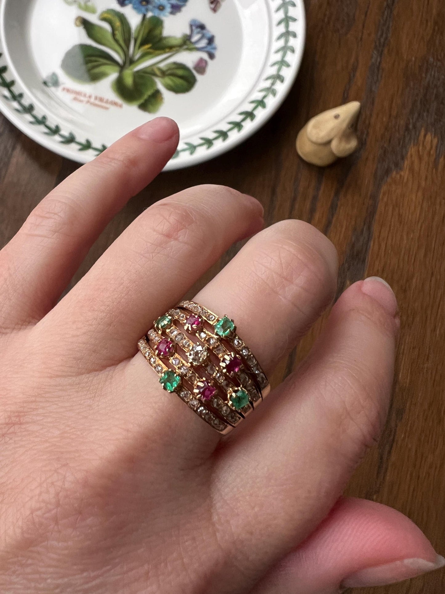 Antique Rose & Old Mine Cut Diamond Old Cut Natural RUBY Emerald Multi Band Ring Unique Harem Victorian French 18k Gold Green Pink Stacker