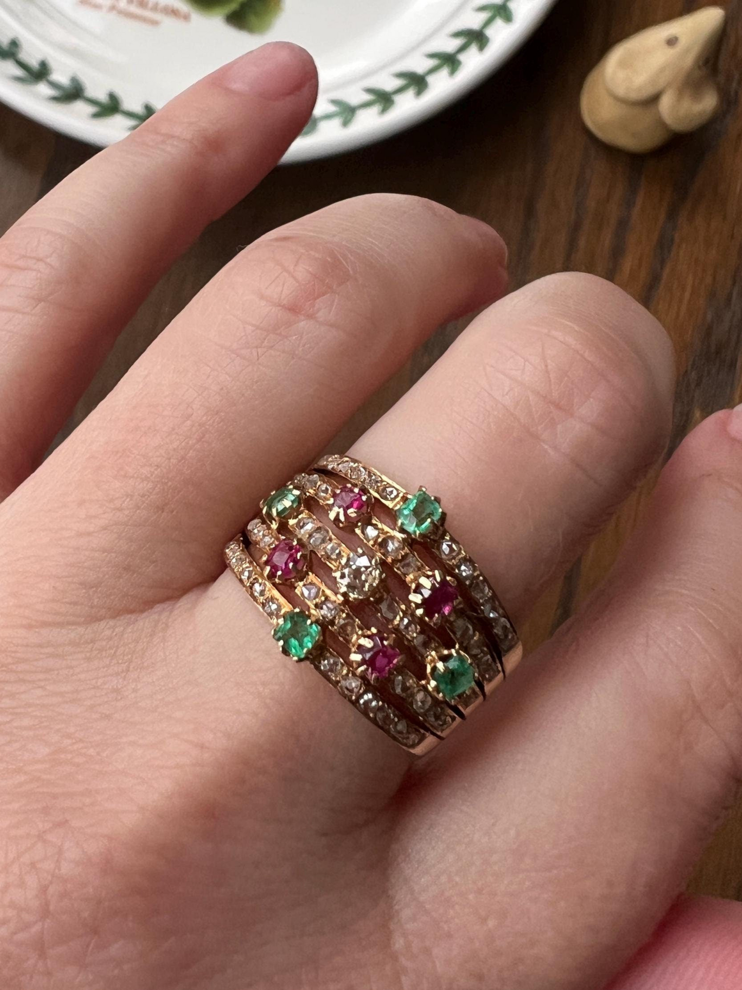 Antique Rose & Old Mine Cut Diamond Old Cut Natural RUBY Emerald Multi Band Ring Harem Victorian French 18k Gold