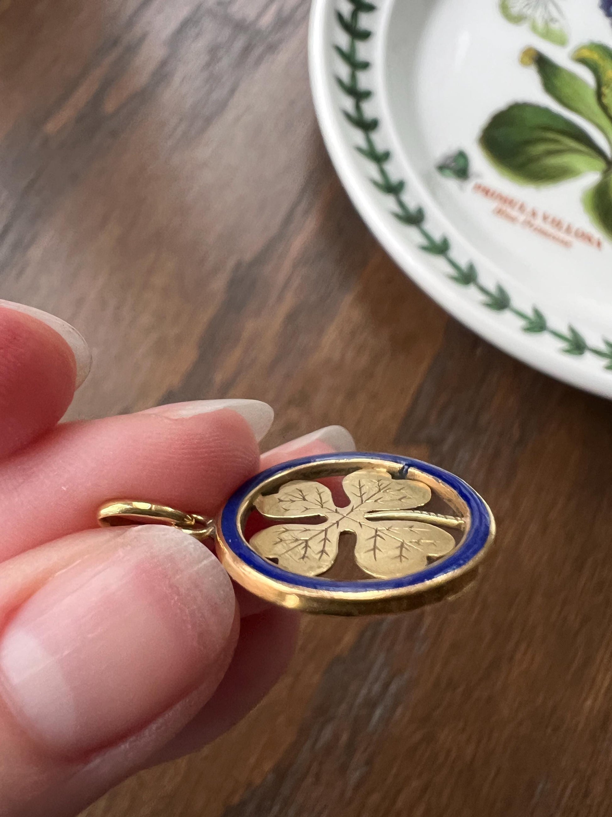 LUCKY CLOVER Blue Enamel Halo French Antique 18k Gold PENDANT Engraved Good Luck Charm Token Medal Belle Epoque Charm Figural Gift Cobalt