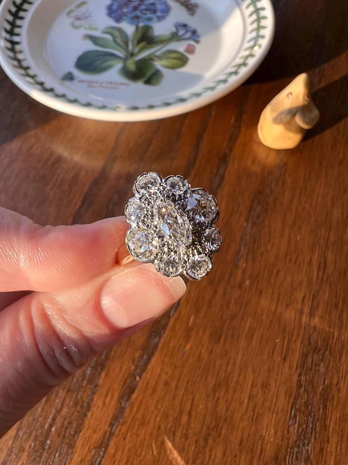 MARQUISE Antique Old Mine Cut 2.4 Carat DIAMOND Daisy Cluster Ring Eye Clean Fiery Vintage Brilliant Halo NineStone Stacker 18k Gold French