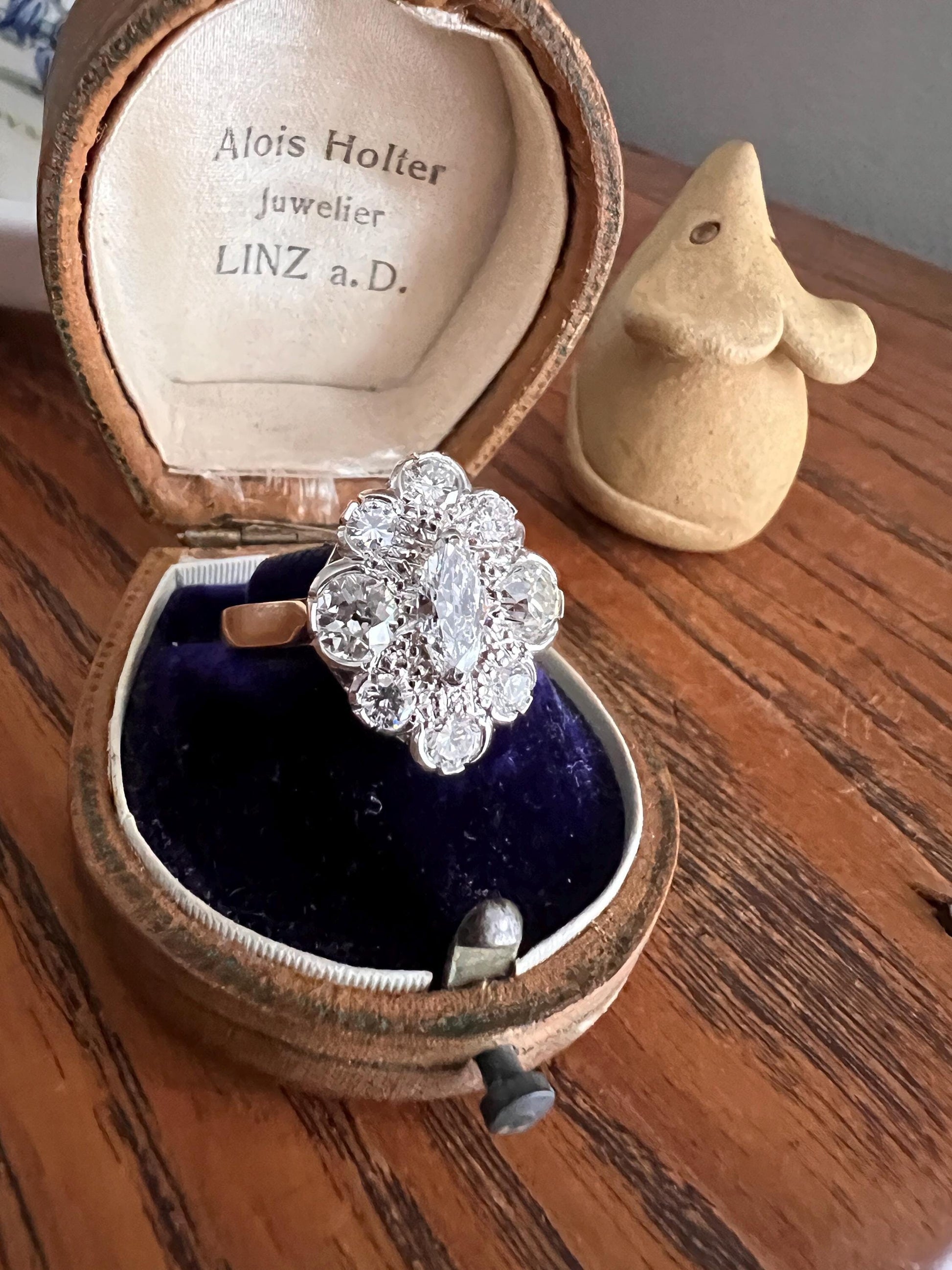 MARQUISE Antique Old Mine Cut 2.4 Carat DIAMOND Daisy Cluster Ring Eye Clean Fiery Vintage Brilliant Halo NineStone Stacker 18k Gold French