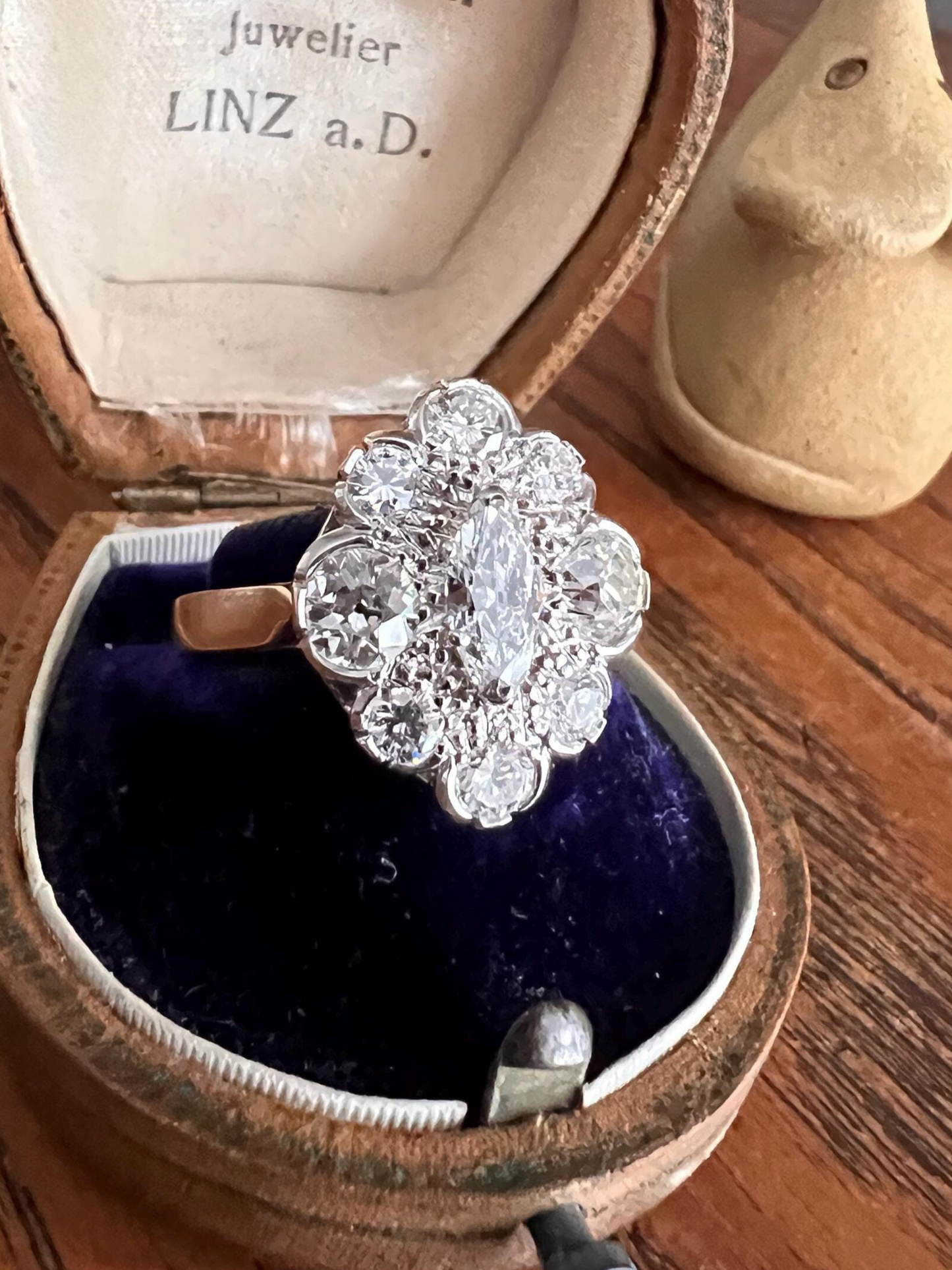 MARQUISE Antique Old Mine Cut 2.4 Carat DIAMOND Daisy Cluster Ring Eye Clean Fiery Vintage Brilliant Halo 18k Gold