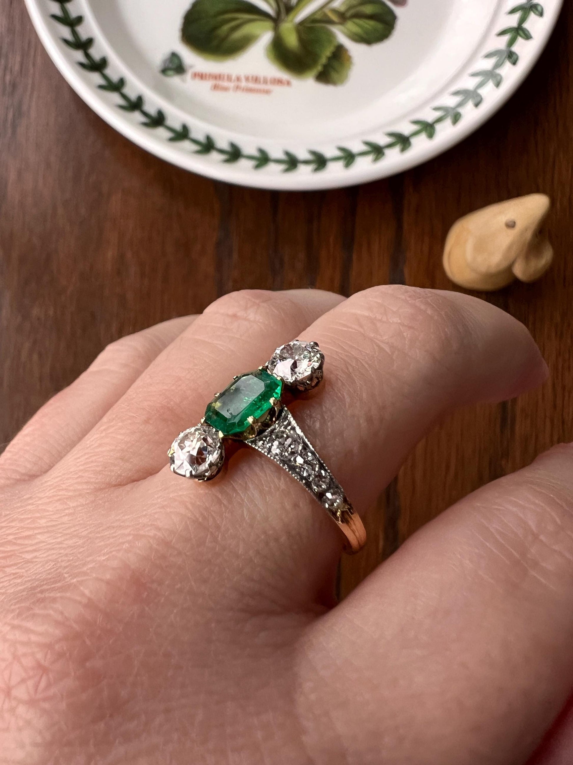 Antique Old Octagon Cut EMERALD 1.5 Carat Old Mine Cut Diamond Line Ring Edwardian Stacker Gift French 18k Gold Step Cut Octagonal