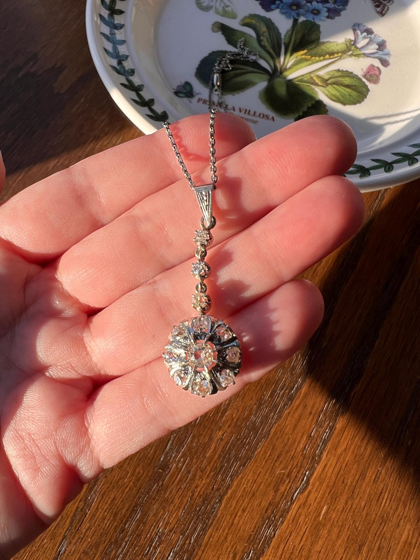 French Antique 1.5 Carat Old Mine Cut DIAMOND Dangle Cluster PENDANT Daisy 18k White Yellow Gold Platinum on Chain Bridal Something Old OMC