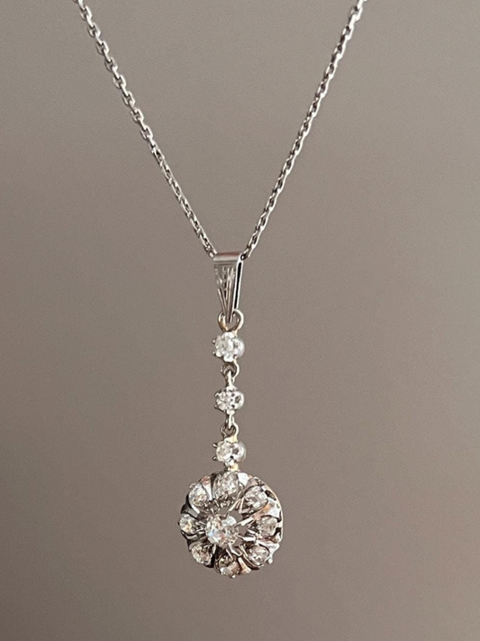 French Antique 1.5 Carat Old Mine Cut DIAMOND Dangle Cluster PENDANT Daisy 18k White Yellow Gold Platinum on Chain