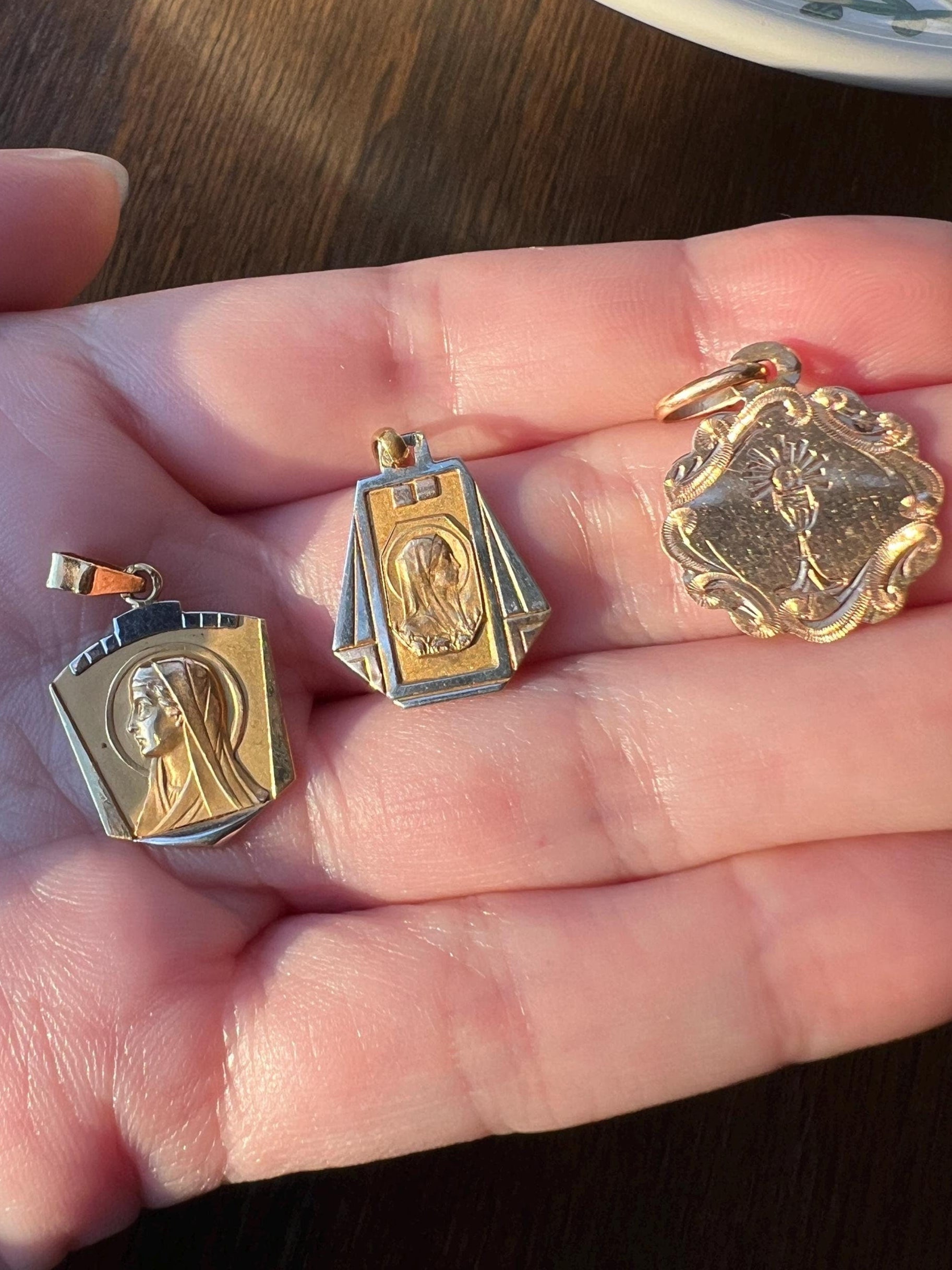 SET of 3 THREE French Vintage Art Deco Religious Medals Dated Virgo Virgin Mary 18k Rose & Yellow Gold Fob Pendants Charm Religious Gift