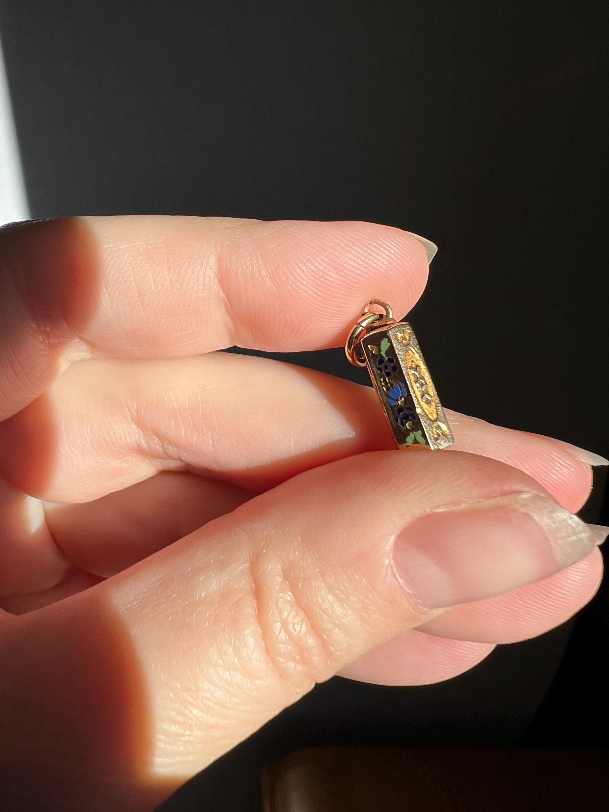 Antique HEXAGON Floral ENAMEL Barrel Pendant French Victorian 18k Gold Solid Forget Me Not Blue Green Romantic Gift 3D Detail Charm