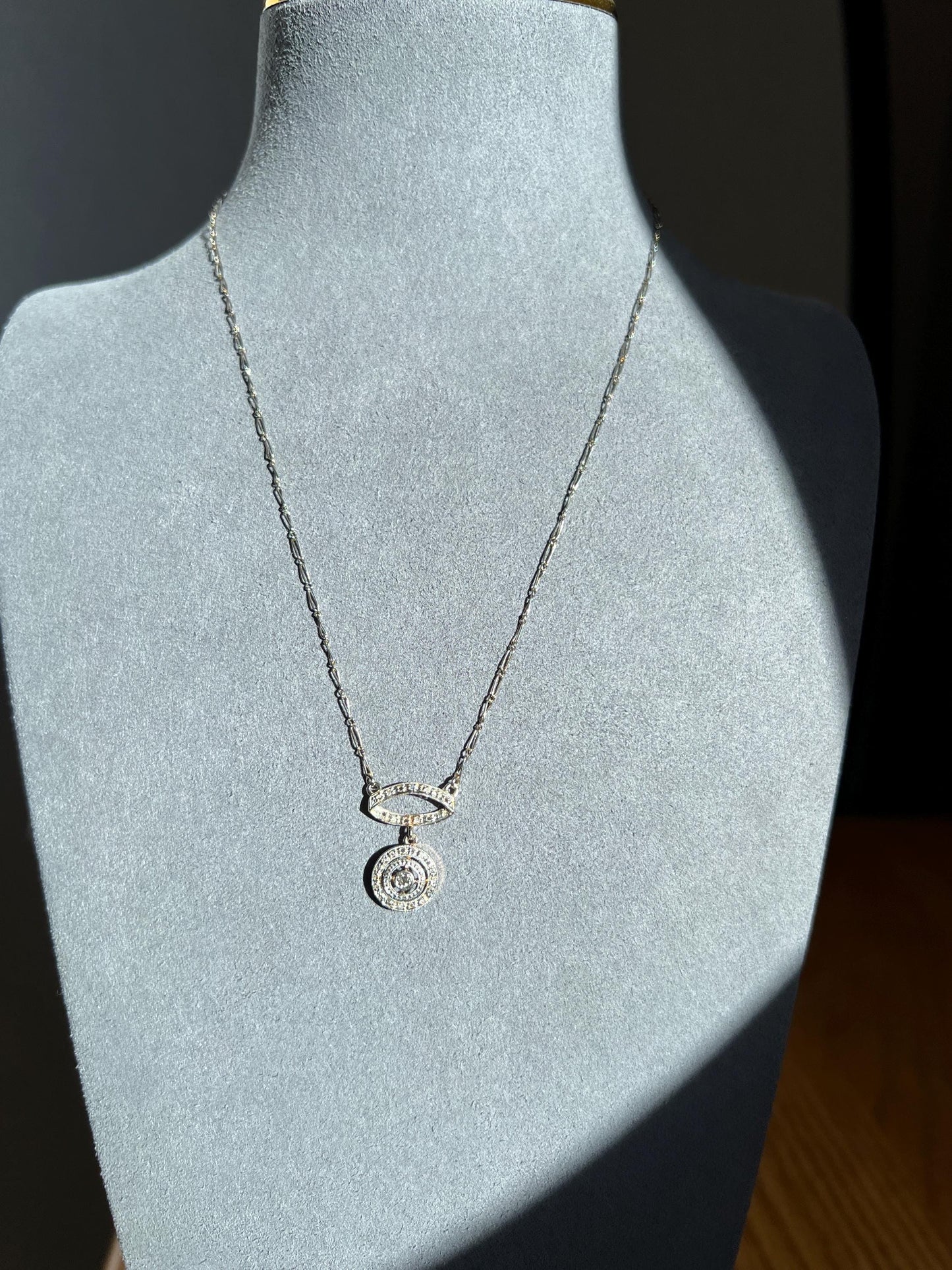 Art Deco Rose Cut DIAMOND Halo Bullseye Target French Antique 18k White Gold Dangle Pendant on Chain Necklace Bridal Something Old Love Gift