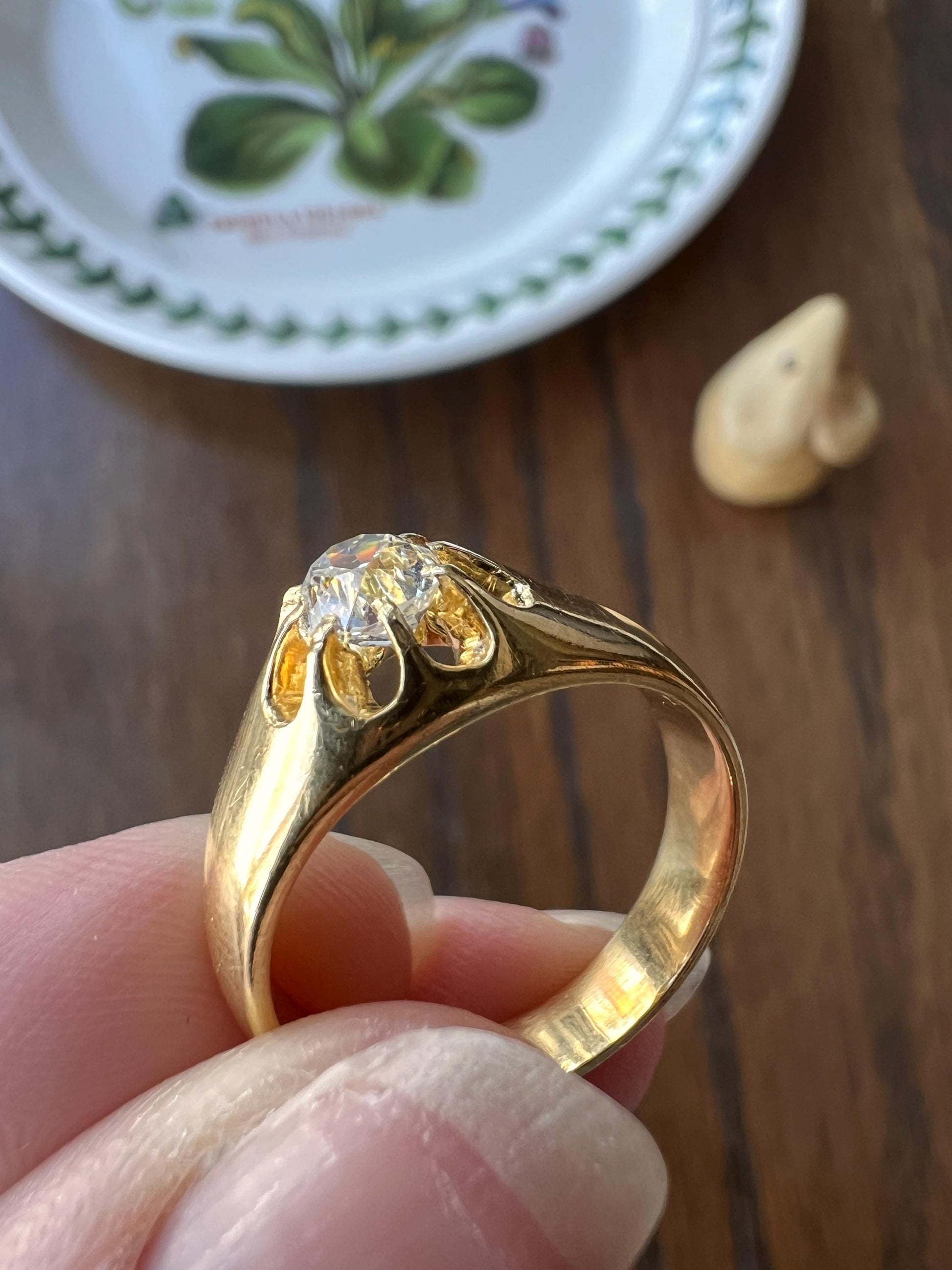 Chunky .6 Carat Old Mine Cut Diamond Buttercup Gypsy Band Glowing 18k Gold Ring Glowing Stacker Wide Band Gift Belcher Set Unisex OMC Man