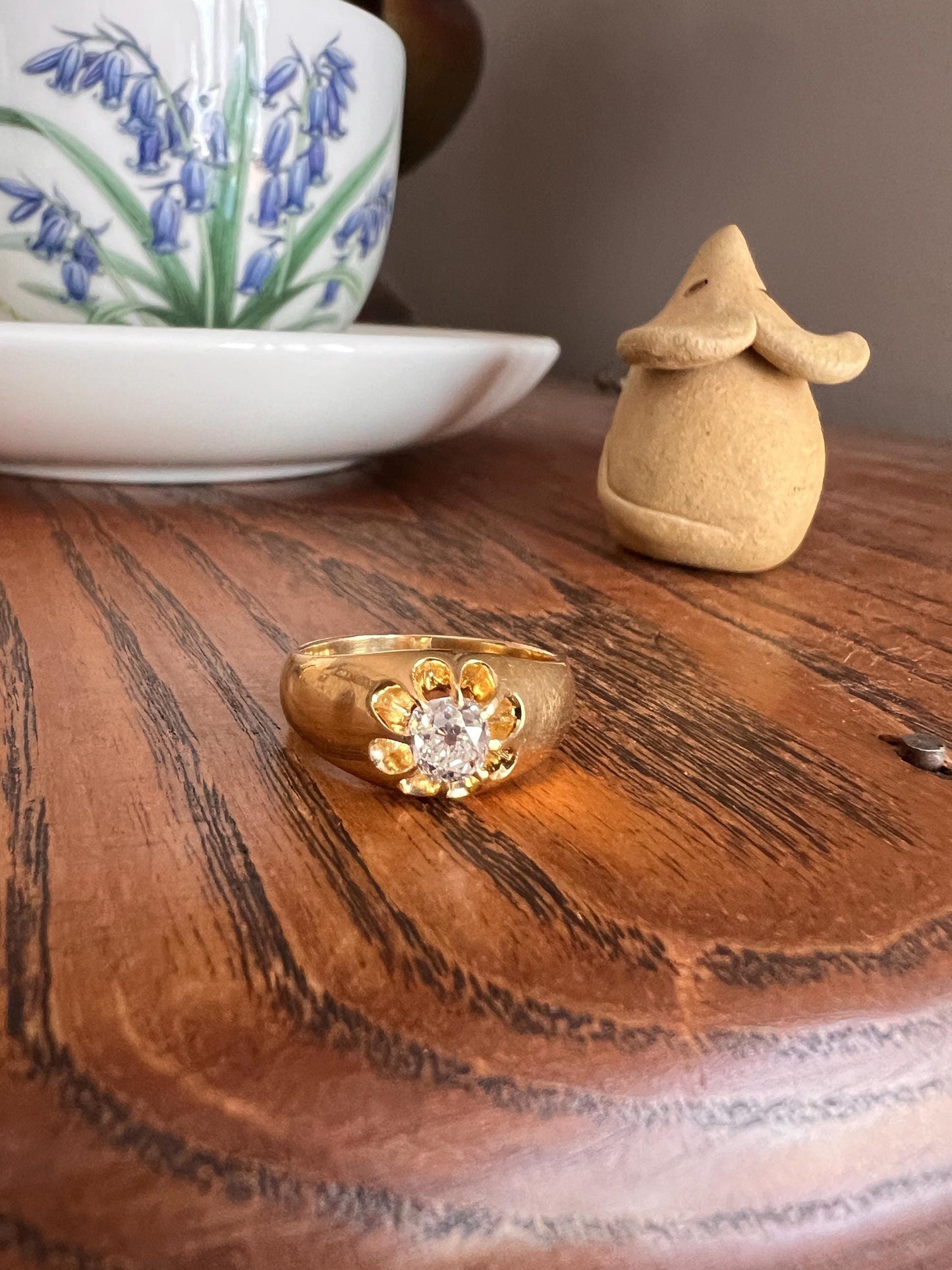 Chunky .6 Carat Old Mine Cut Diamond Buttercup Gypsy Band Glowing 18k Gold Ring Glowing Stacker Wide Band Gift Belcher Set Unisex OMC Man