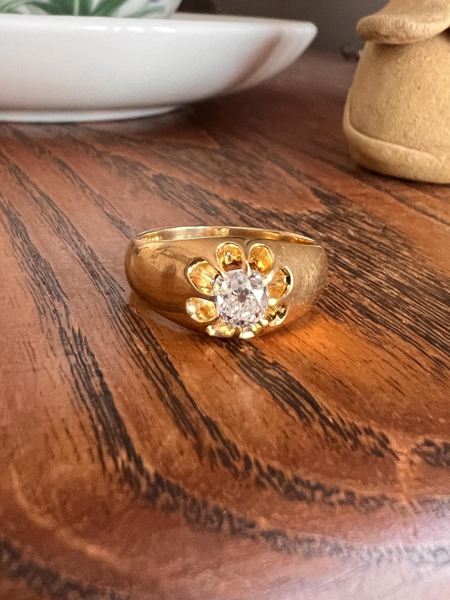 Chunky .6 Carat Old Mine Cut Diamond Buttercup Gypsy Band Glowing 18k Gold Ring Glowing Stacker Wide Band Unisex