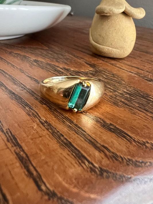 Angled Green TOURMALINE Geometric Gypsy Band Ring French Vintage 18k Gold Unisex