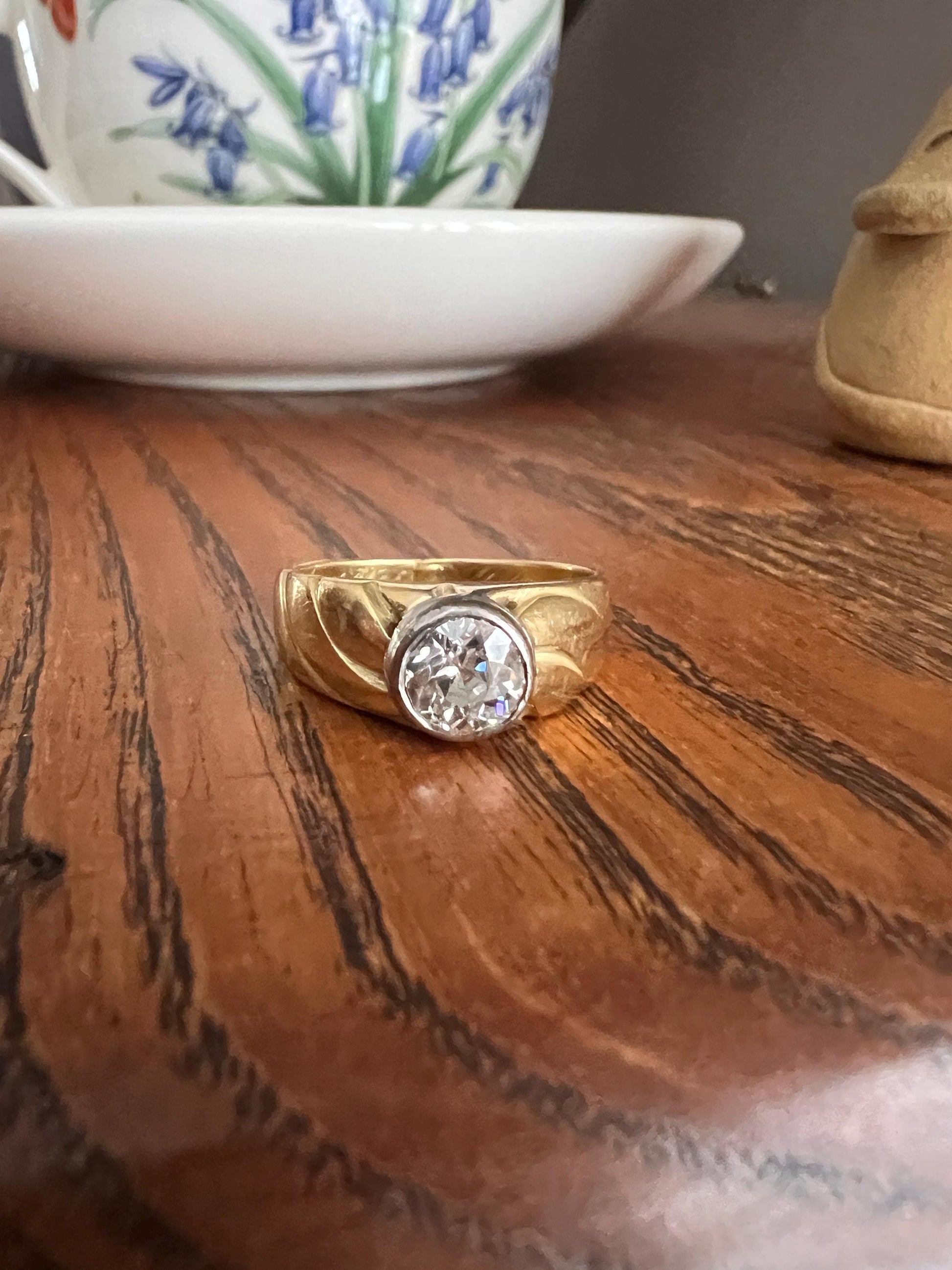 DATED c1900 Chunky .9 Carat Old Mine Cut Diamond Buttercup Gypsy Band Glowing 18k Gold Platinum Ring Glowing Stacker Wide Gift Unisex Man