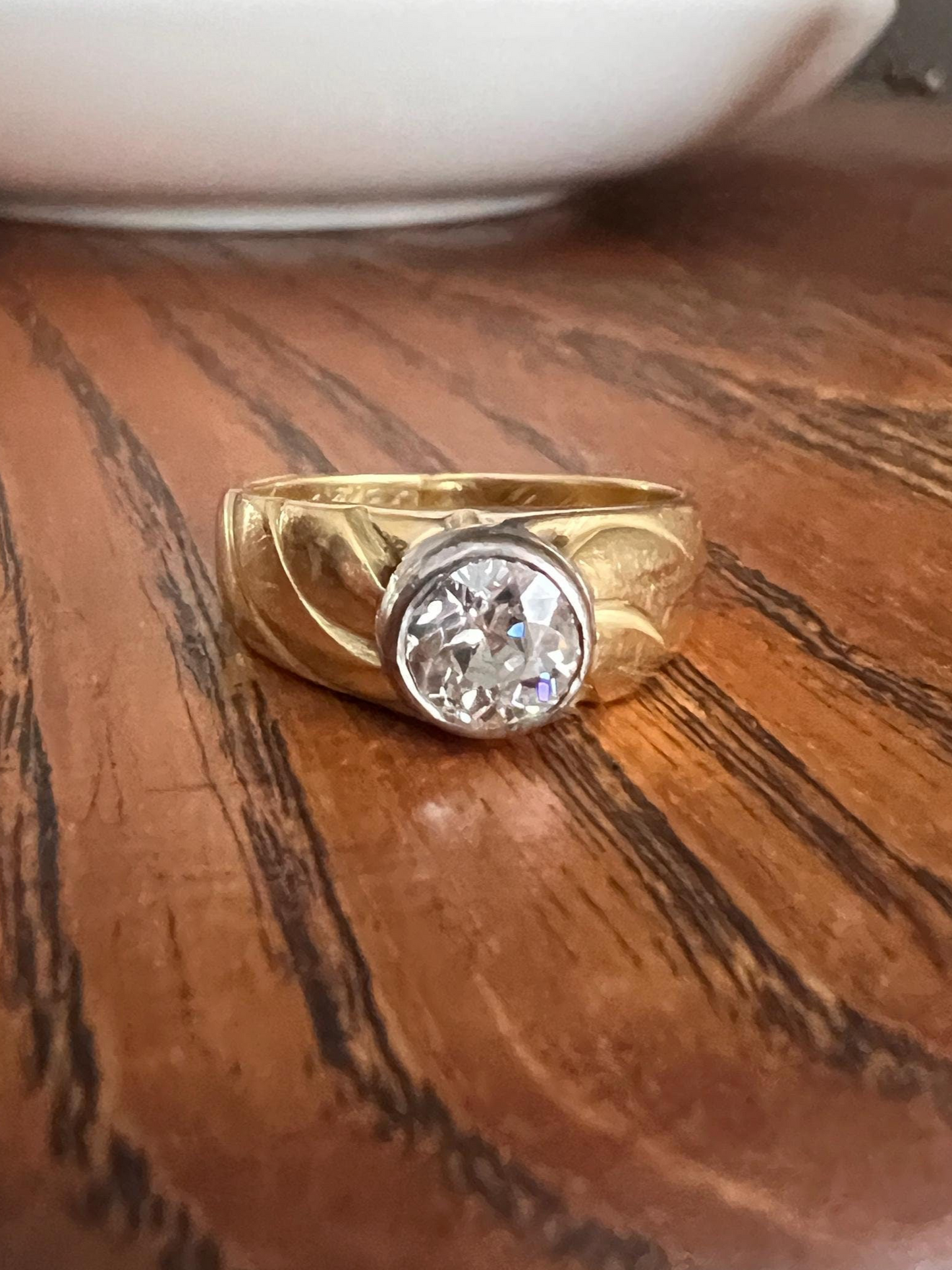 DATED c1900 Chunky .9 Carat Old Mine Cut Diamond Buttercup Gypsy Band Glowing 22k Gold Platinum Ring Unisex