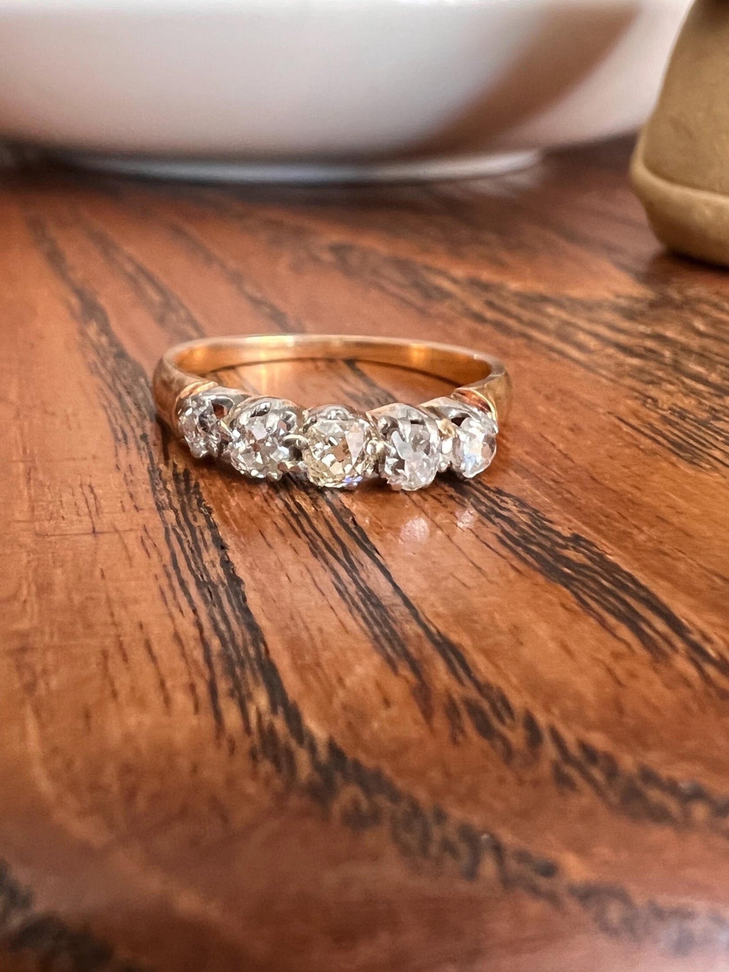 Five Stone Old Mine Cut DIAMOND Ring Victorian French Antique Hallmark 18k Gold Wedding Band Stacker Romantic Gift Dainty Minimalist OMC