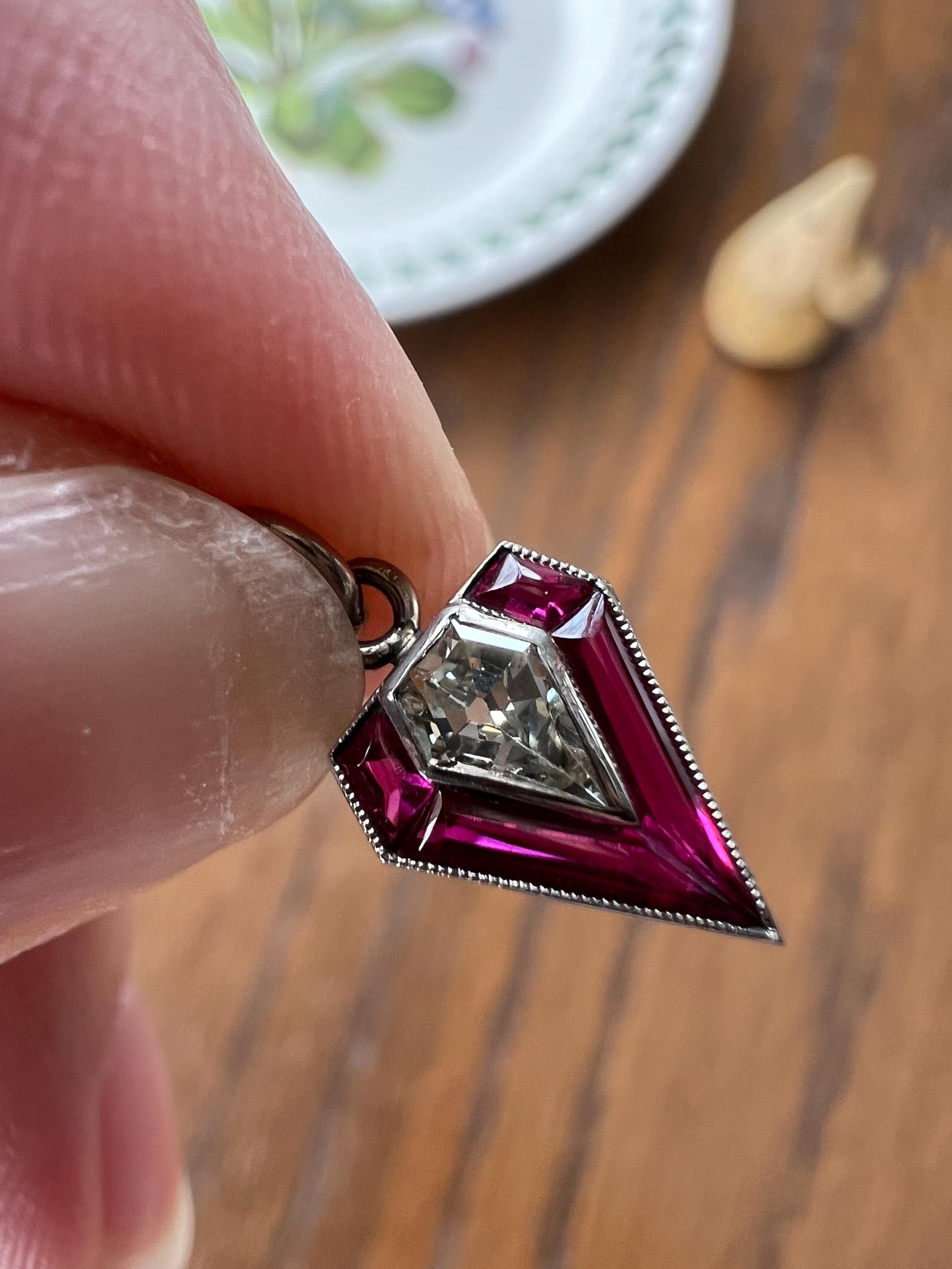 PENTAGON Antique RARE 5 Sided Kite Lozenge Old Cut DIAMOND 18k White Gold Eye Clean Pendant Art Deco Pink Ruby Halo One of Kind Gift Charm