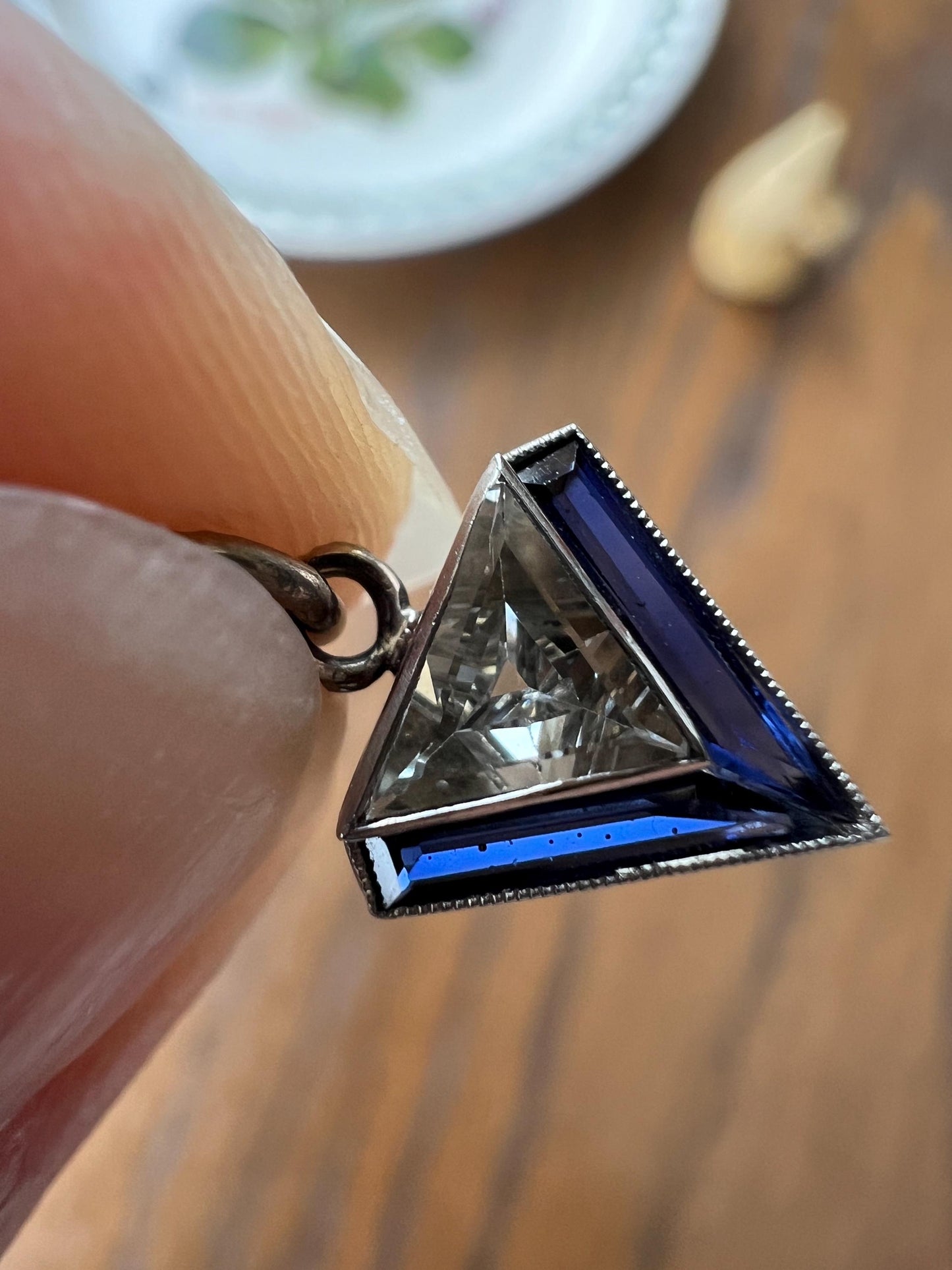 TRIANGLE Shield Antique RARE Lozenge Old Cut DIAMOND 18k White Gold Eye Clean Pendant Art Deco Blue Sapphire Halo One of Kind Gift Charm