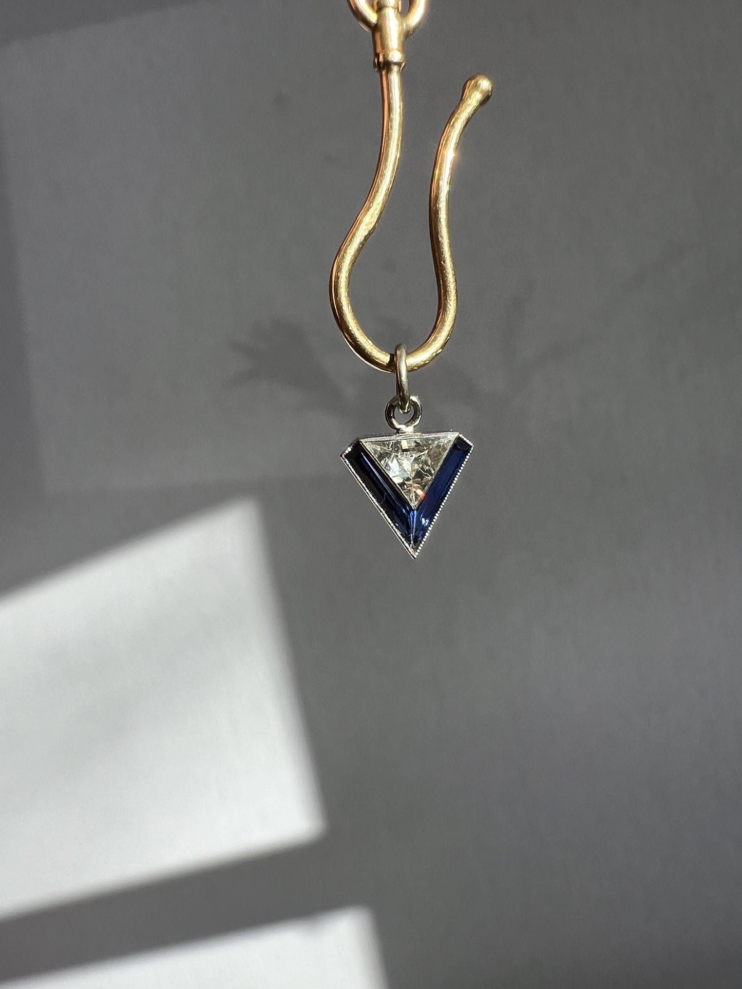 TRIANGLE Shield Antique RARE Lozenge Old Cut DIAMOND 18k White Gold Eye Clean Pendant Art Deco Blue Sapphire Halo One of Kind Gift Charm