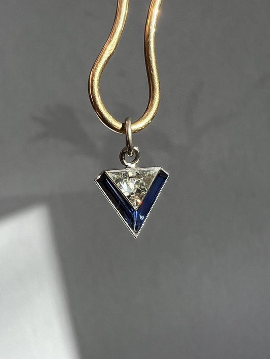 TRIANGLE Shield Antique RARE Lozenge Old Cut DIAMOND 18k White Gold Eye Clean Pendant Art Deco Blue Sapphire Halo One of Kind Gift Charm