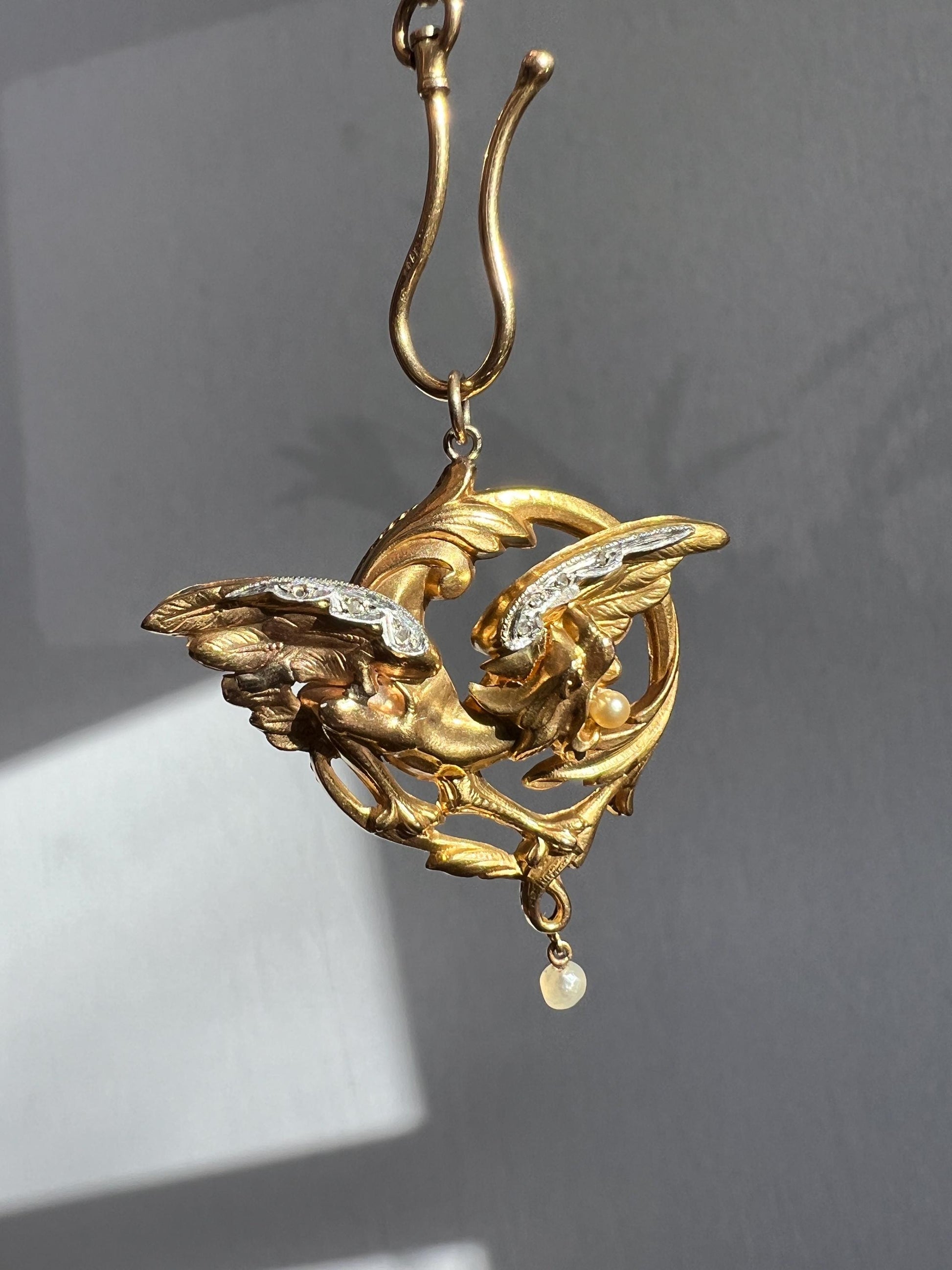 XL DRAGON Rose Cut Diamond French Antique Buttery 18k Gold Chimera Griffin Winged Lion FIGURAL Pendant Pearl Dangle Victorian Belle Epoque