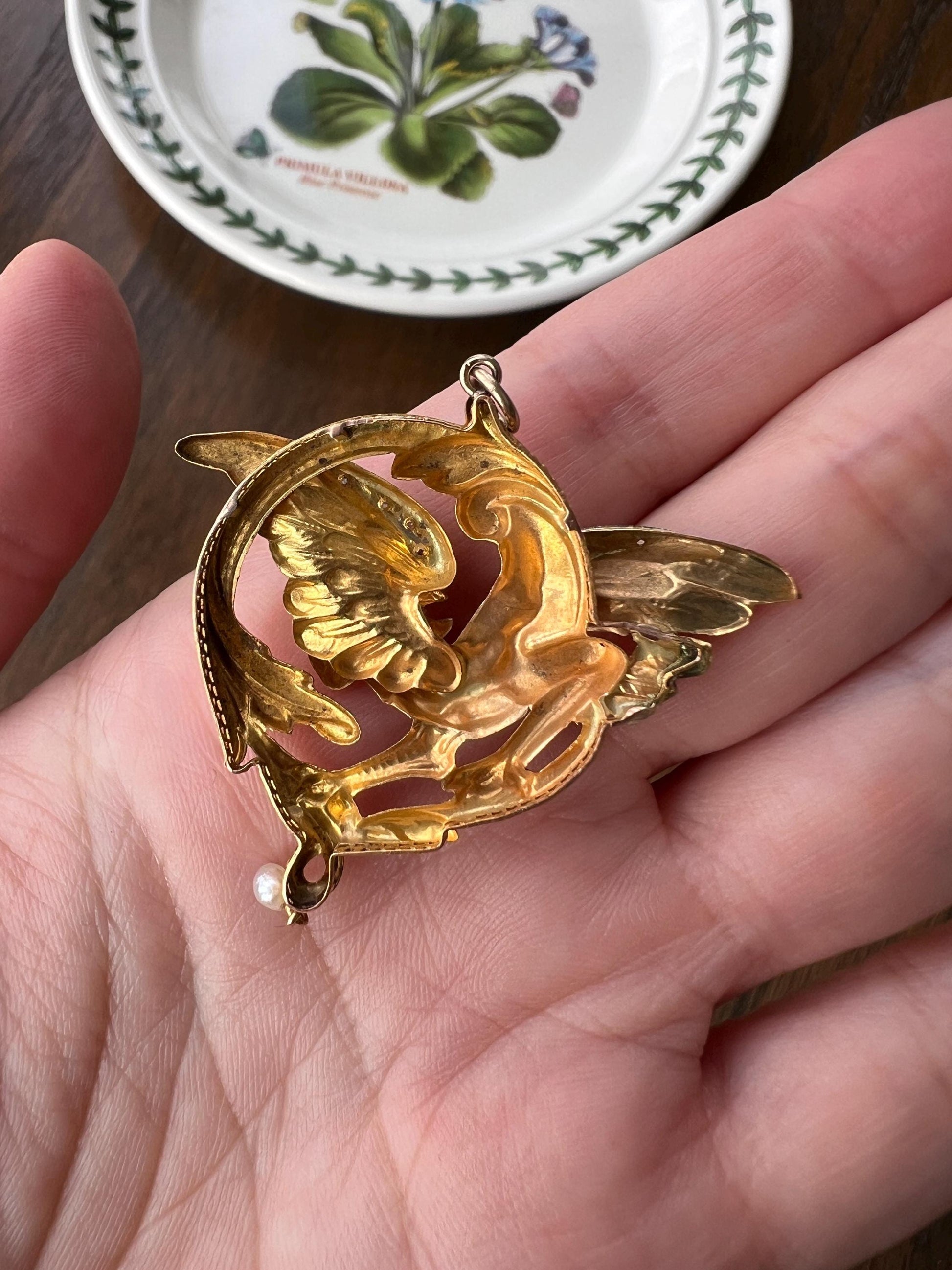 XL DRAGON Rose Cut Diamond French Antique Buttery 18k Gold Chimera Griffin Winged Lion FIGURAL Pendant Pearl Dangle Victorian Belle Epoque