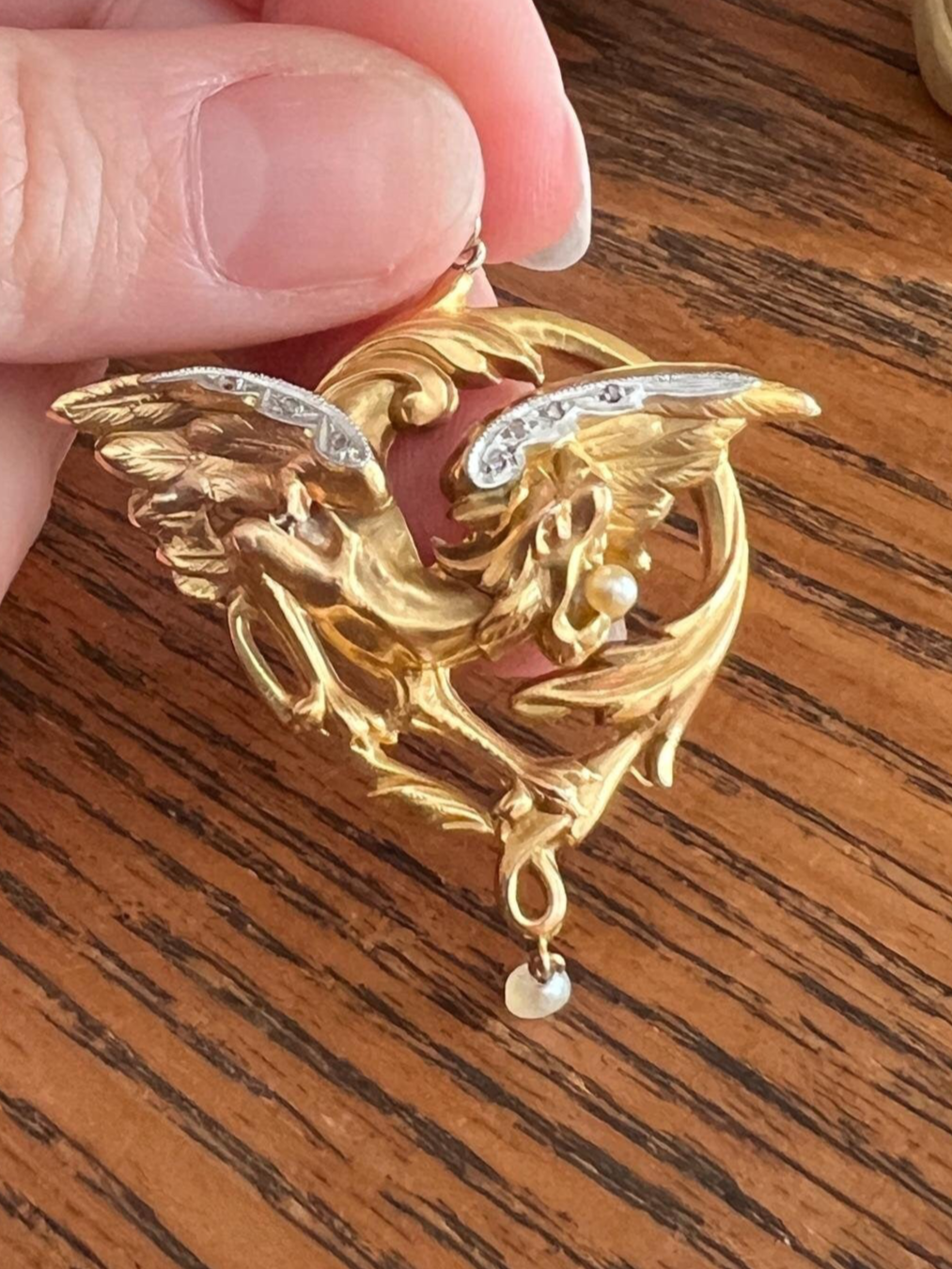 XL DRAGON Rose Cut Diamond French Antique Buttery 18k Gold Chimera Griffin Winged Lion FIGURAL Pendant Pearl Dangle Victorian Belle Epoque