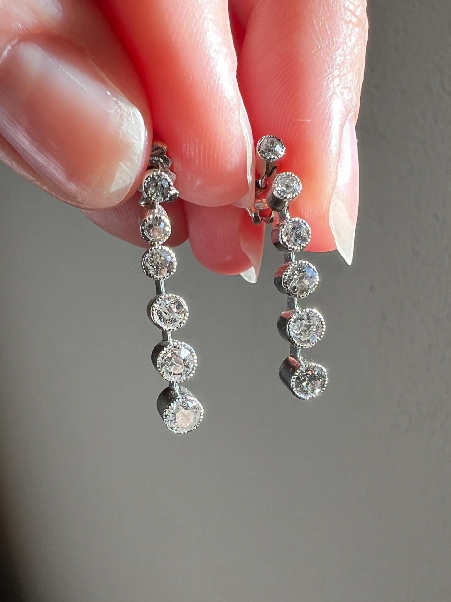 ANTIQUE 1.1 Carat Old Mine Cut DIAMOND Dangle Earrings 18k White Gold Platinum French Linear Six Stone Art Deco