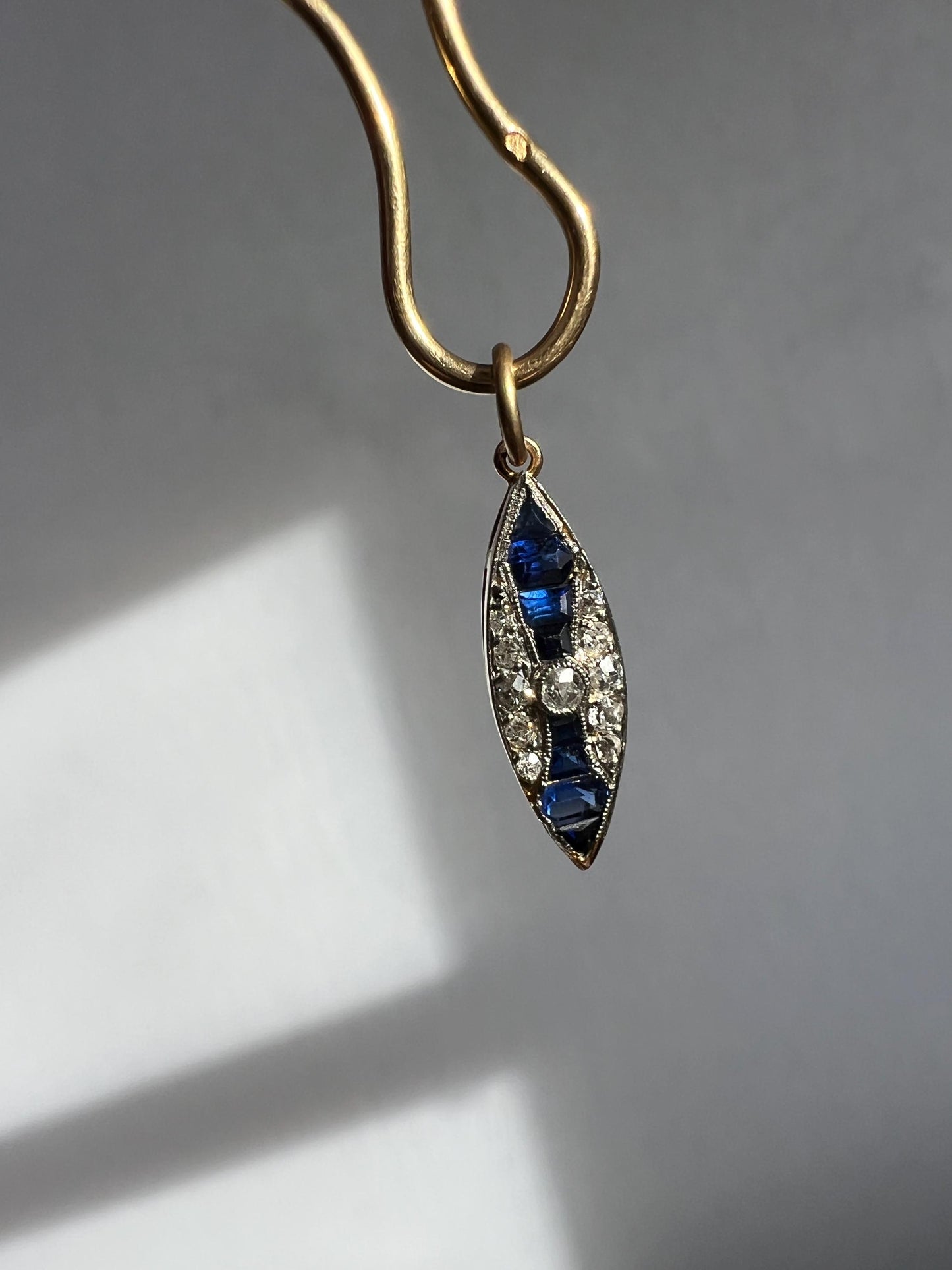 Marquise Single Cut Old Mine Cut DIAMOND Blue SAPPHIRE Dangle Pendant Charm 14k Gold TwoTone Custom Carre Cut Romantic Gift Unique Edwardian